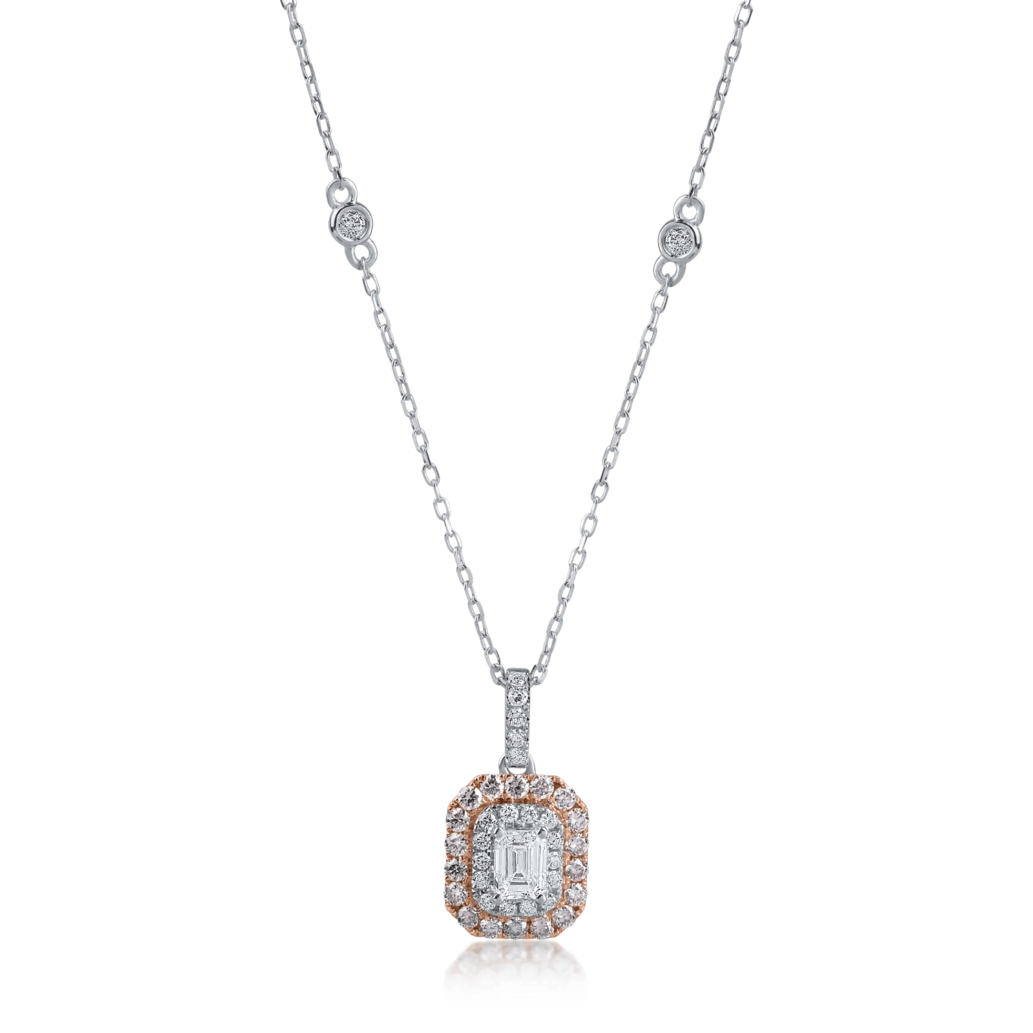 Lanț cu pandantiv din aur alb-roz și diamante roz emerald și rotunde de 0.7ct, plus diamante transparente de 0.18ct – Teilor Lanț cu pandantiv din aur alb-roz și diamante roz emerald și rotunde de 0.7ct, plus diamante transparente de 0.18ct – Teilor