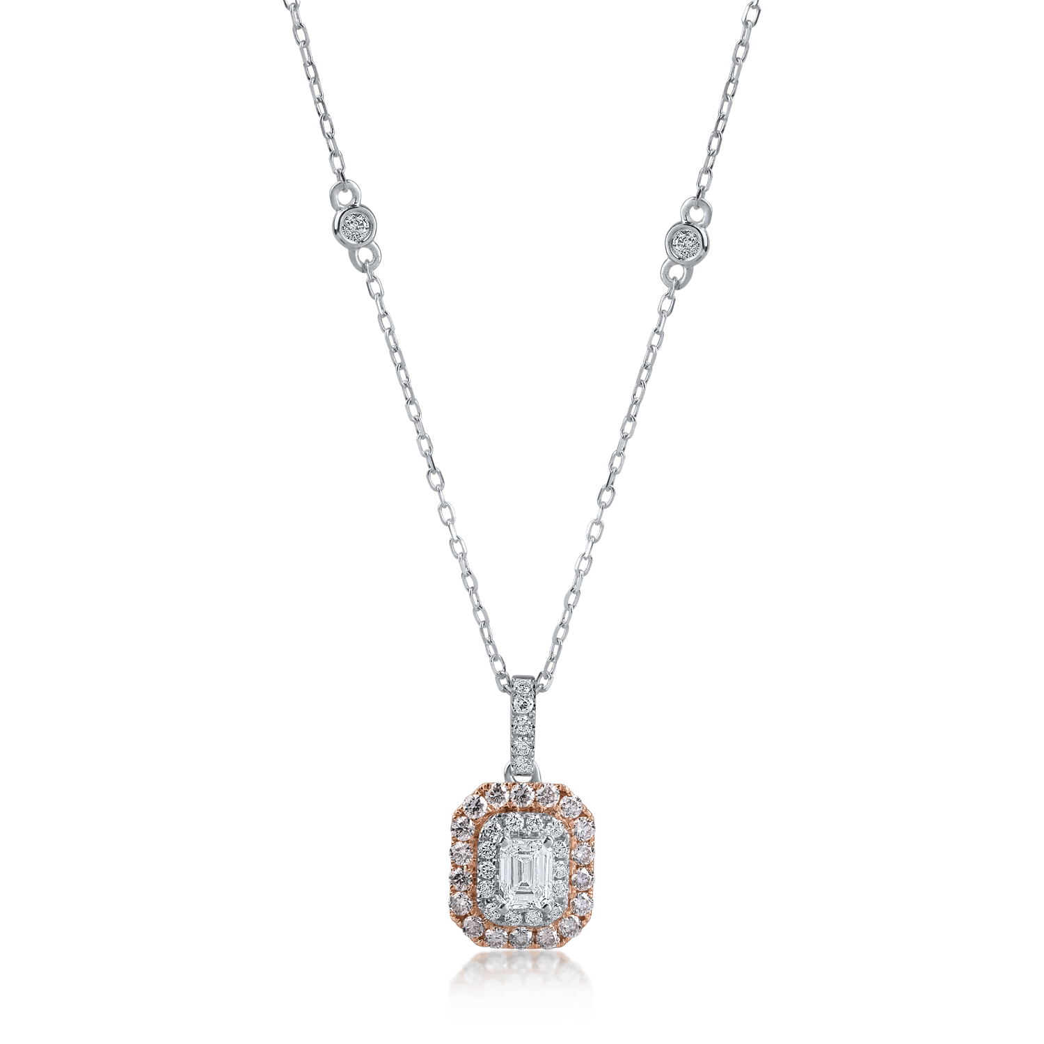 Lanț cu pandantiv din aur alb-roz și diamante roz emerald și rotunde de 0.7ct și diamante transparente de 0.18ct Lanț cu pandantiv din aur alb-roz și diamante roz emerald și rotunde de 0.7ct și diamante transparente de 0.18ct