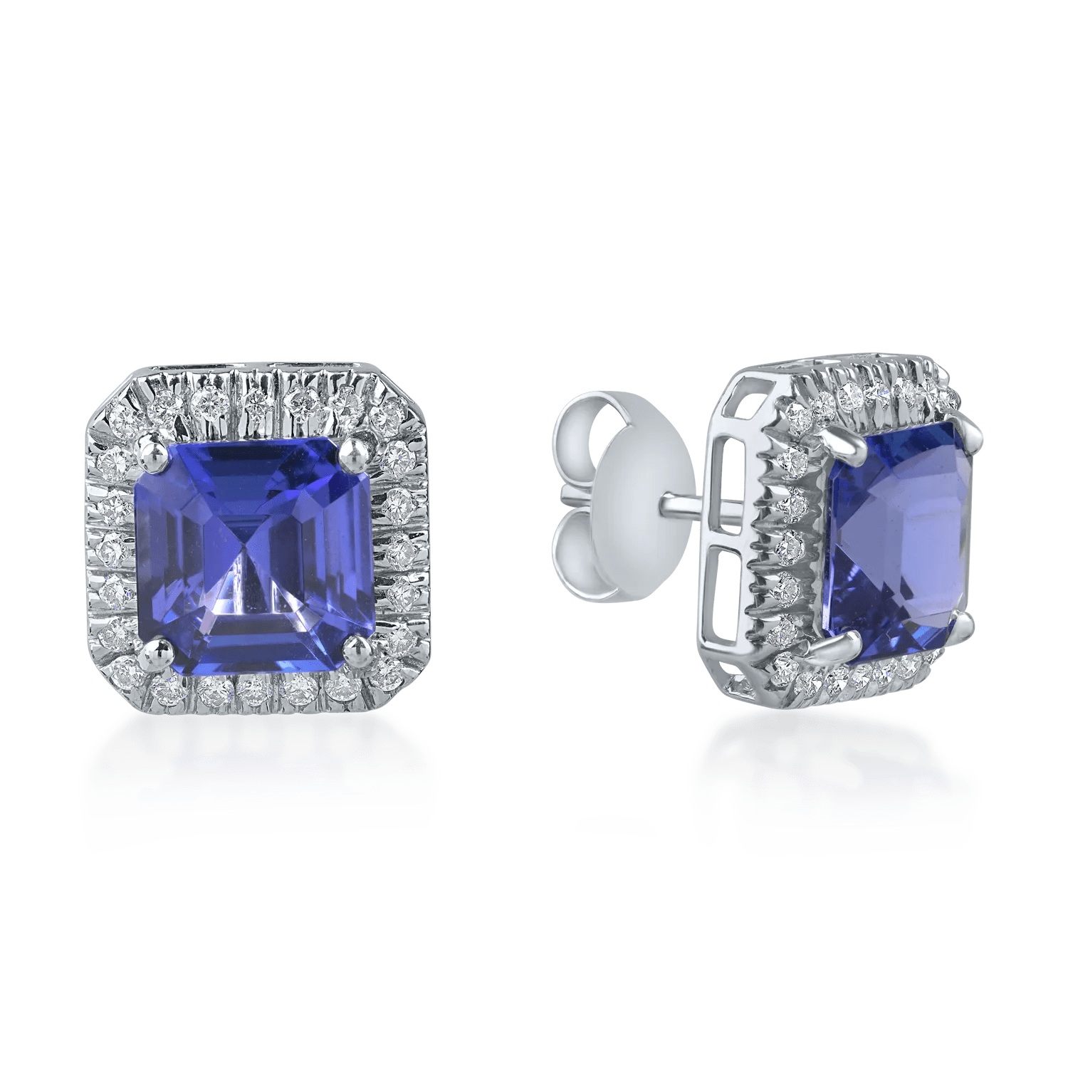 Cercei din aur alb cu tanzanite pătrate de 6.74ct și diamante rotunde de 0.635ct Cercei din aur alb cu tanzanite pătrate de 6.74ct și diamante rotunde de 0.635ct