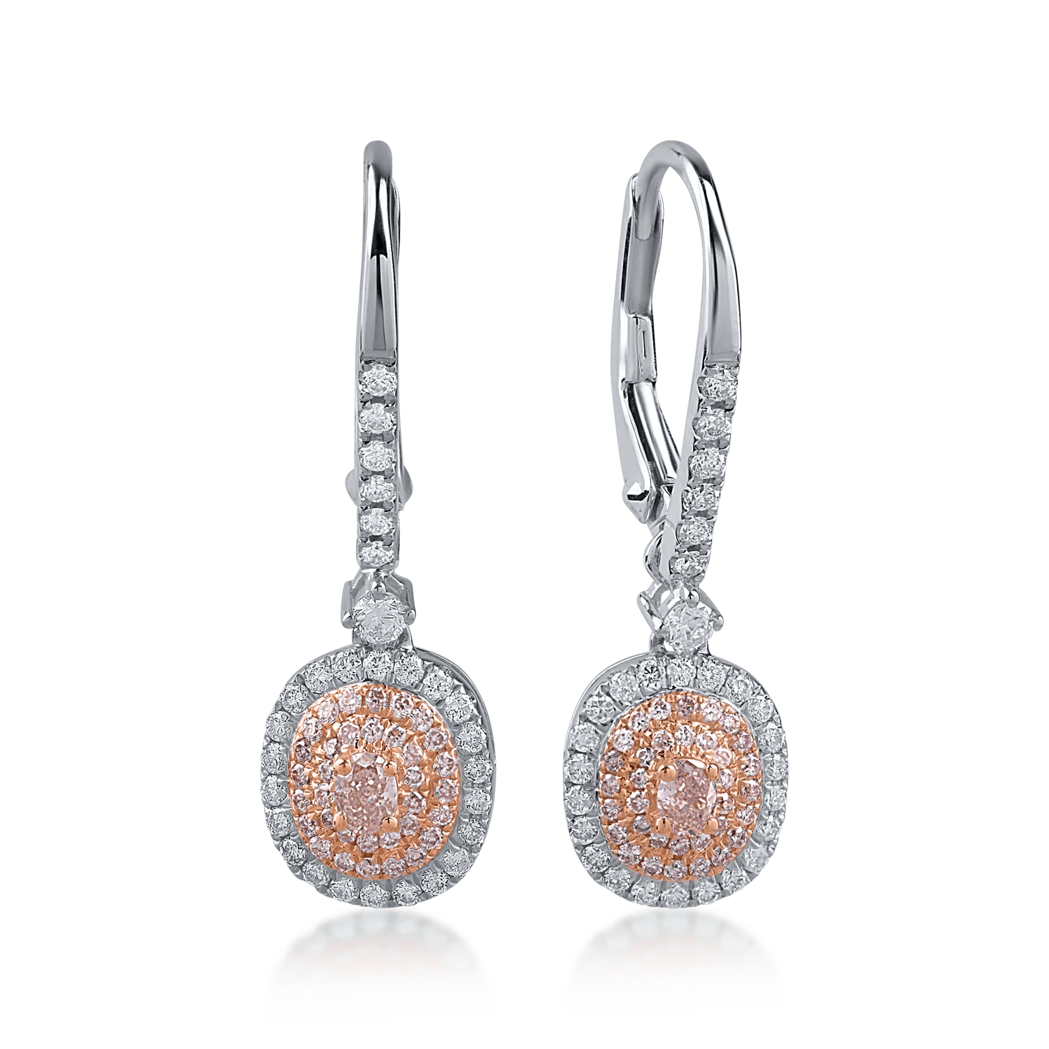 Cercei din aur alb-roz cu diamante transparente de 0.43ct și diamante roz de 0.32ct – Teilor Cercei din aur alb-roz cu diamante transparente de 0.43ct și diamante roz de 0.32ct – Teilor