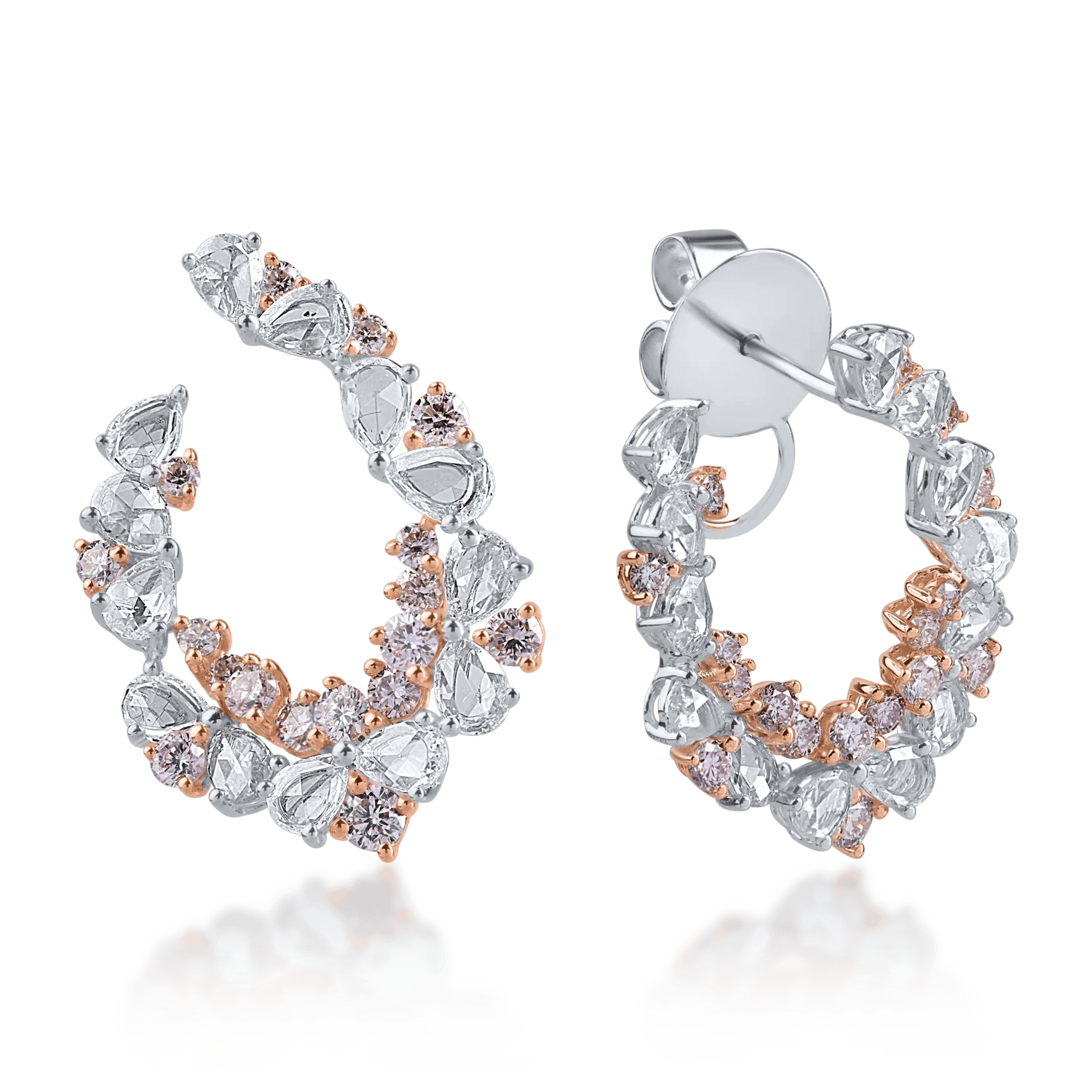 Cercei din aur alb-roz cu diamante incolore de 1.49ct și diamante roz de 0.94ct – Teilor Cercei din aur alb-roz cu diamante incolore de 1.49ct și diamante roz de 0.94ct – Teilor