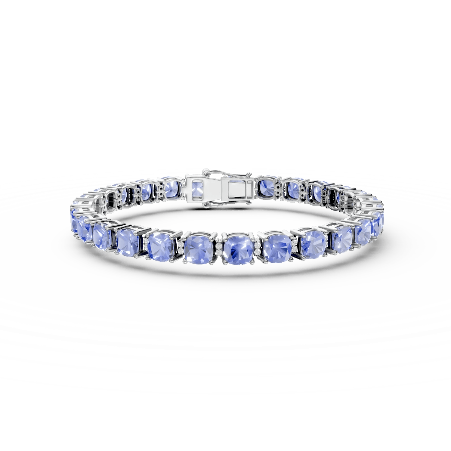 Brățară tennis din aur alb cu tanzanite cushion de 21.94ct și diamante de 0.43ct Brățară tennis din aur alb cu tanzanite cushion de 21.94ct și diamante de 0.43ct