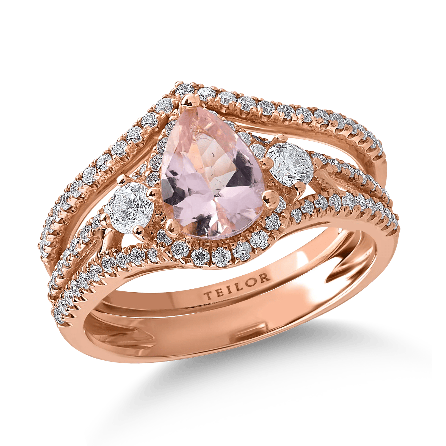 Inel din aur roz cu morganit pear de 0.9ct și diamante de 0.6ct – Teilor Inel din aur roz cu morganit pear de 0.9ct și diamante de 0.6ct – Teilor