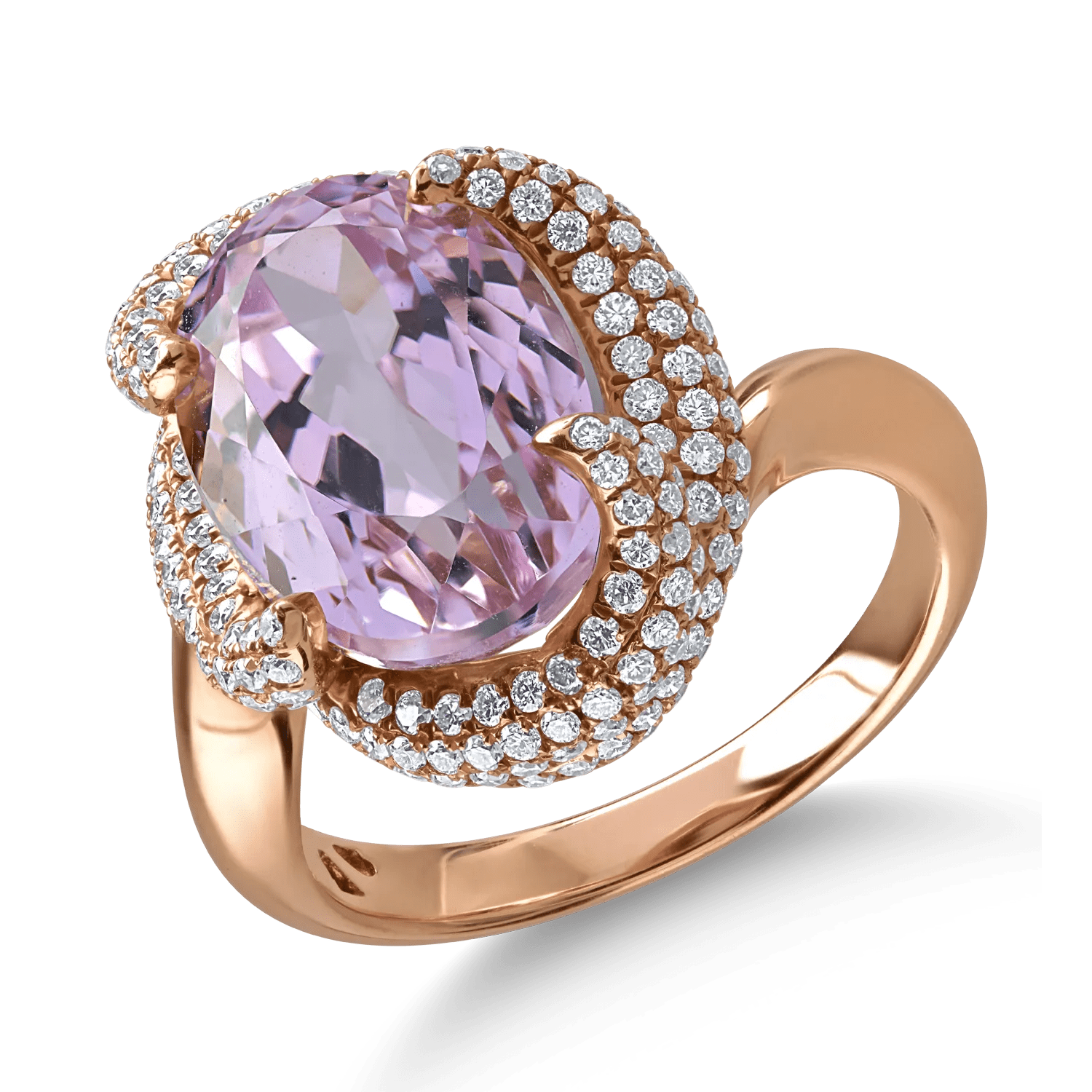 Inel din aur roz cu kunzit oval 8.8ct și diamante 1.07ct Inel din aur roz cu kunzit oval 8.8ct și diamante 1.07ct