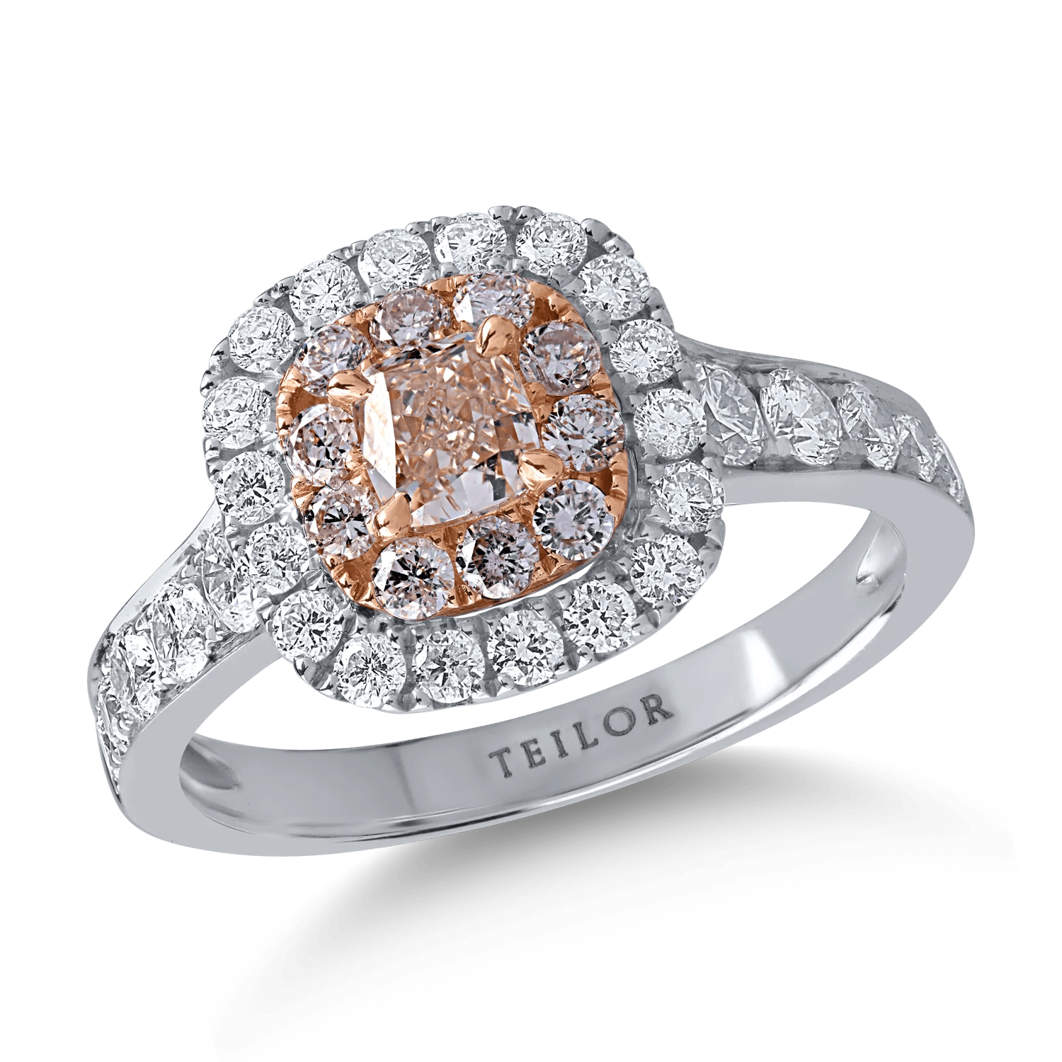 Inel din aur alb-roz cu diamante de 0.8ct și diamante roz cushion și rotunde de 0.6ct Inel din aur alb-roz cu diamante de 0.8ct și diamante roz cushion și rotunde de 0.6ct