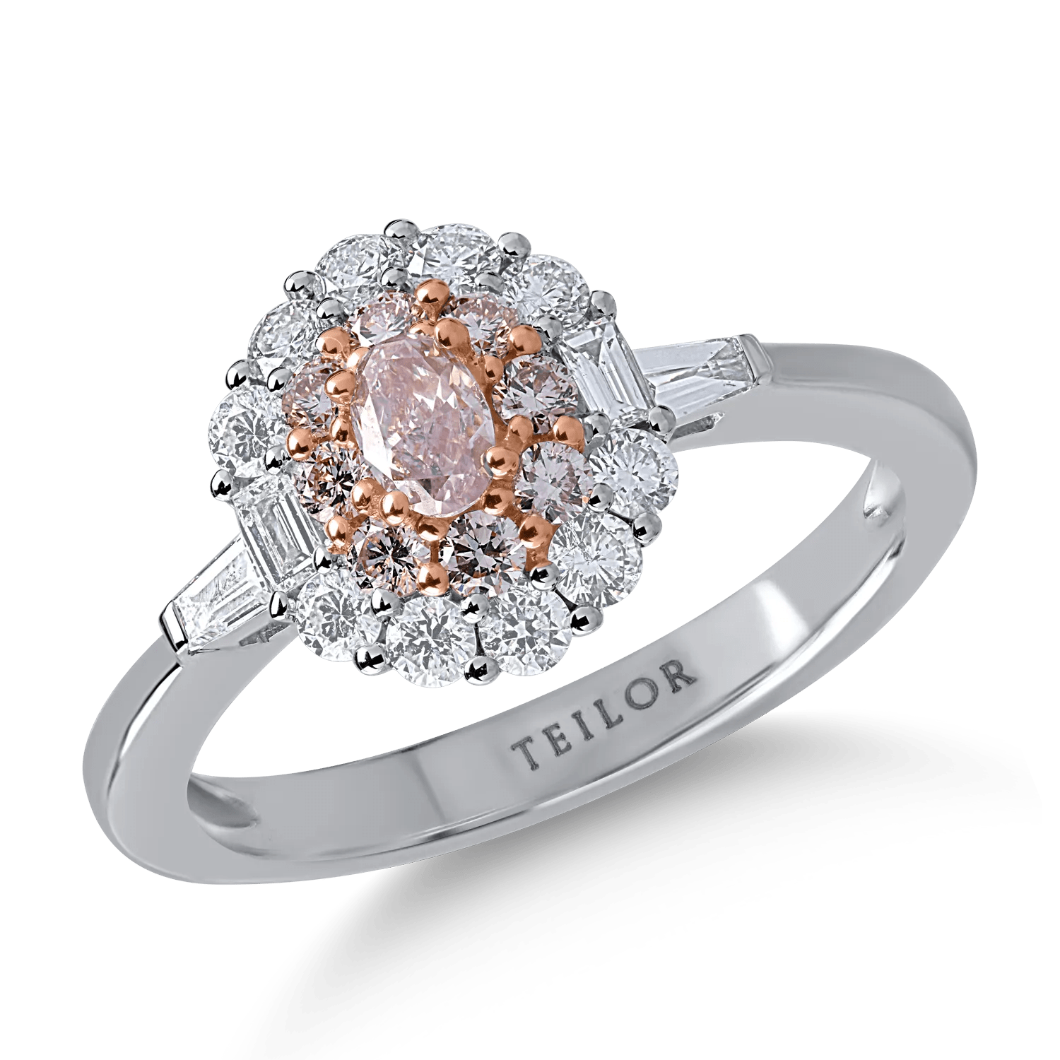 Inel din aur alb-roz cu diamante baguette și rotunde de 0.5ct și diamante roz de 0.4ct Inel din aur alb-roz cu diamante baguette și rotunde de 0.5ct și diamante roz de 0.4ct