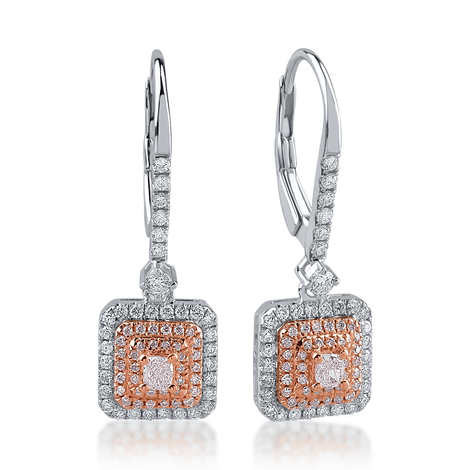Cercei din aur alb-roz cu diamante de 0.42ct și diamante roz de 0.32ct – Teilor Cercei din aur alb-roz cu diamante de 0.42ct și diamante roz de 0.32ct – Teilor