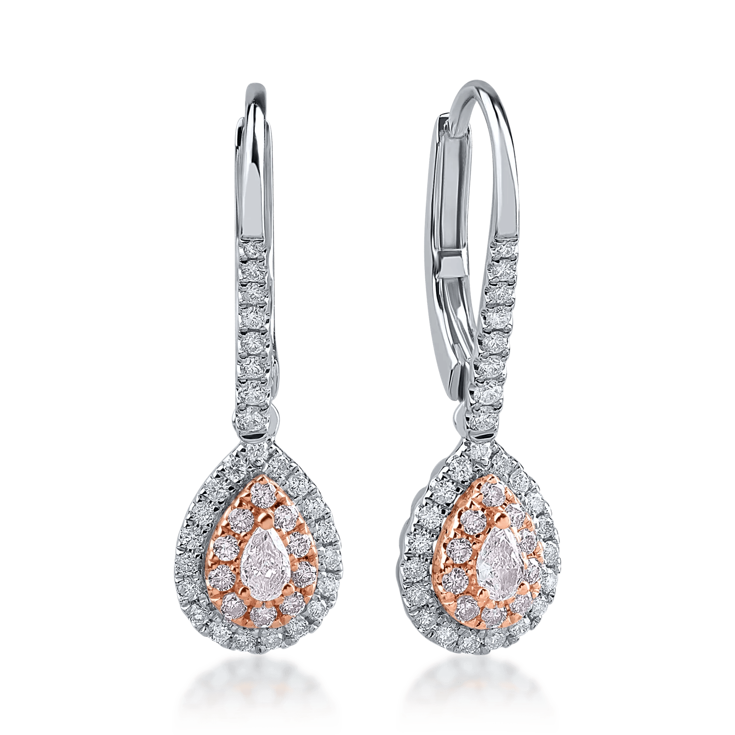 Cercei din aur alb-roz cu diamante roz pear și rotunde de 0.38ct și diamante incolore de 0.35ct – Teilor Cercei din aur alb-roz cu diamante roz pear și rotunde de 0.38ct și diamante incolore de 0.35ct – Teilor