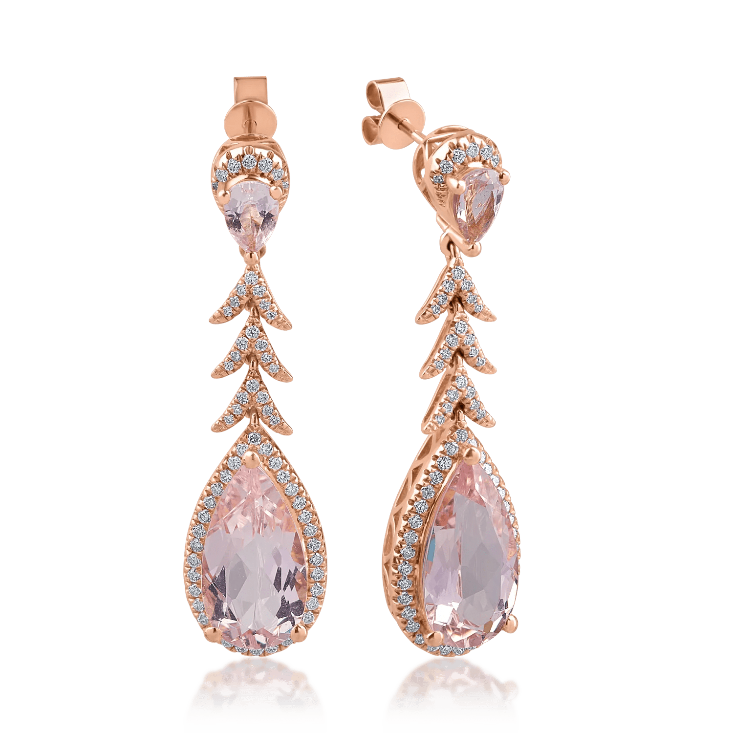 Cercei din aur roz cu morganite pear de 7.75ct și diamante de 0.66ct Cercei din aur roz cu morganite pear de 7.75ct și diamante de 0.66ct
