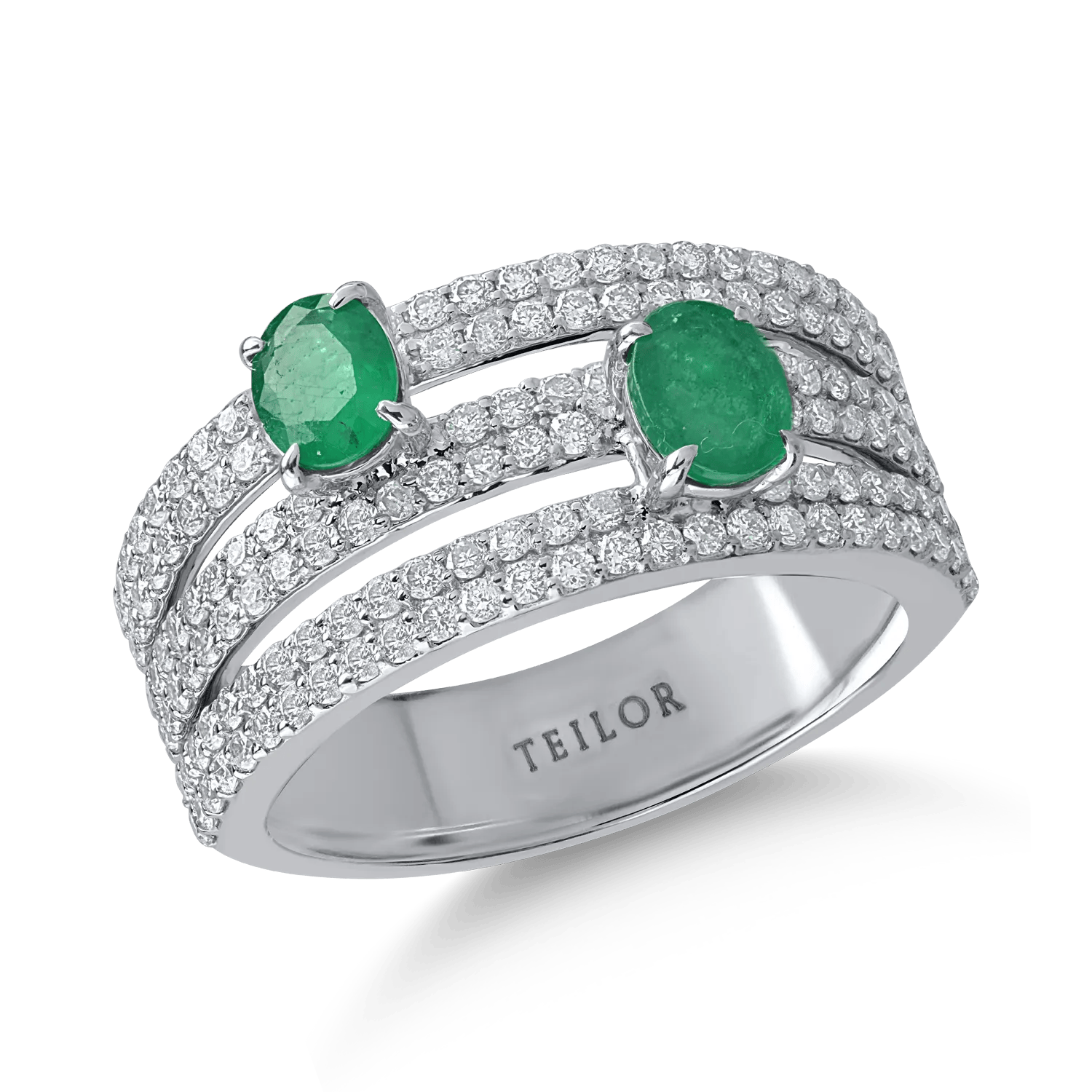 Inel din aur alb cu diamante de 0.9ct și smaralde ovale de 0.6ct – Teilor Inel din aur alb cu diamante de 0.9ct și smaralde ovale de 0.6ct – Teilor