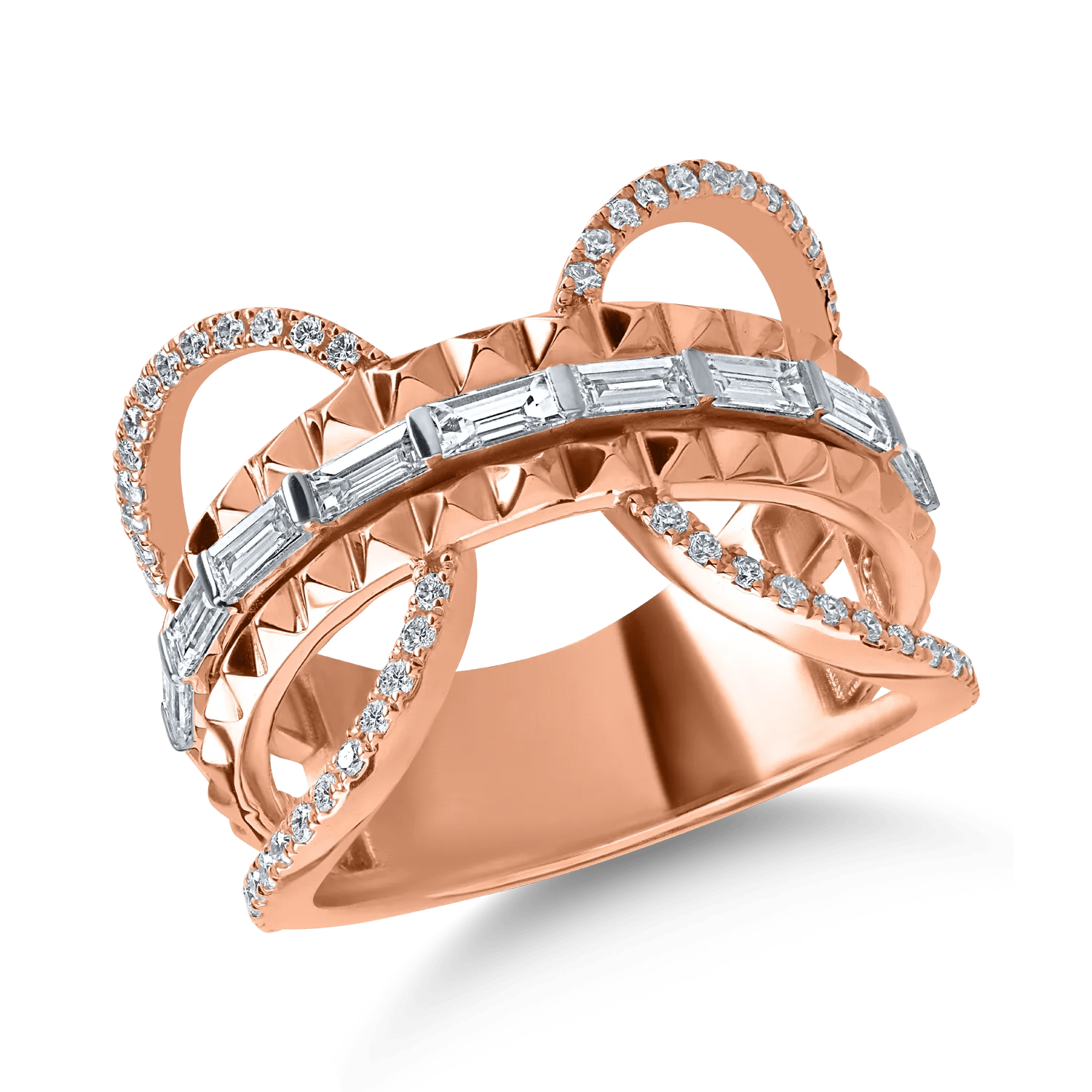 Inel din aur roz cu diamante baguette și rotunde de 0.96ct Inel din aur roz cu diamante baguette și rotunde de 0.96ct