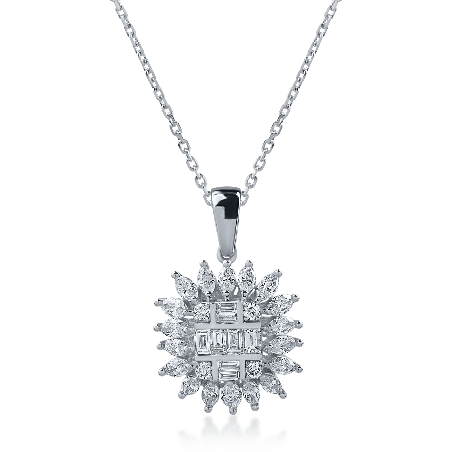 Lănț cu pandantiv din aur alb cu diamante baguette și pear de 0.78ct Lănț cu pandantiv din aur alb cu diamante baguette și pear de 0.78ct