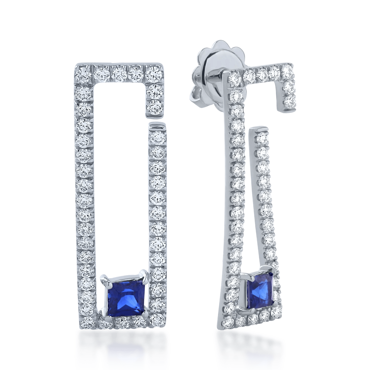 Cercei din aur alb cu safire princess de 0.55ct și diamante de 0.8ct Cercei din aur alb cu safire princess de 0.55ct și diamante de 0.8ct
