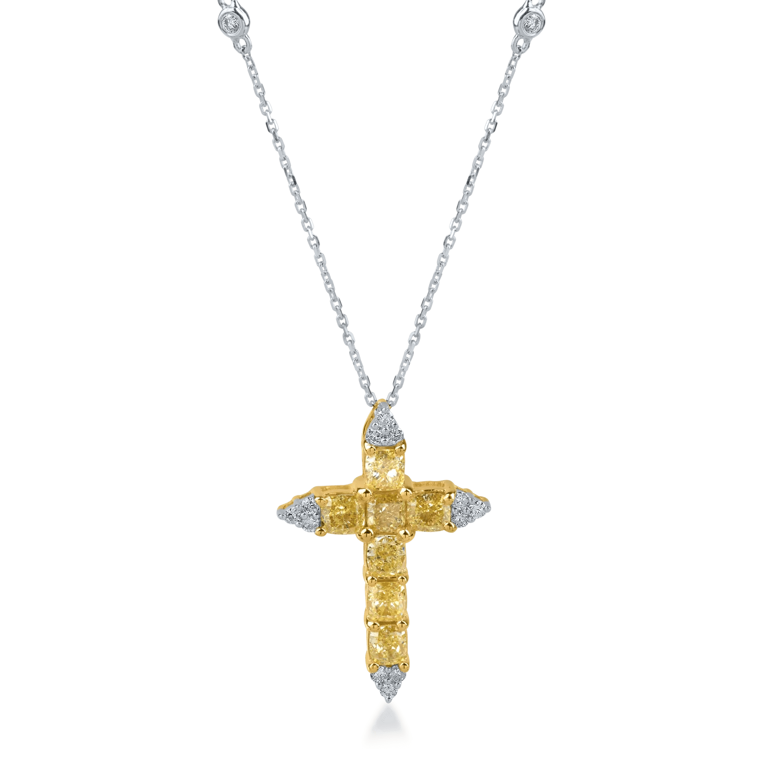 Lănțisor cu pandantiv cruce din aur alb-galben cu diamante cushion și rotunde de 2.78ct Lănțisor cu pandantiv cruce din aur alb-galben cu diamante cushion și rotunde de 2.78ct
