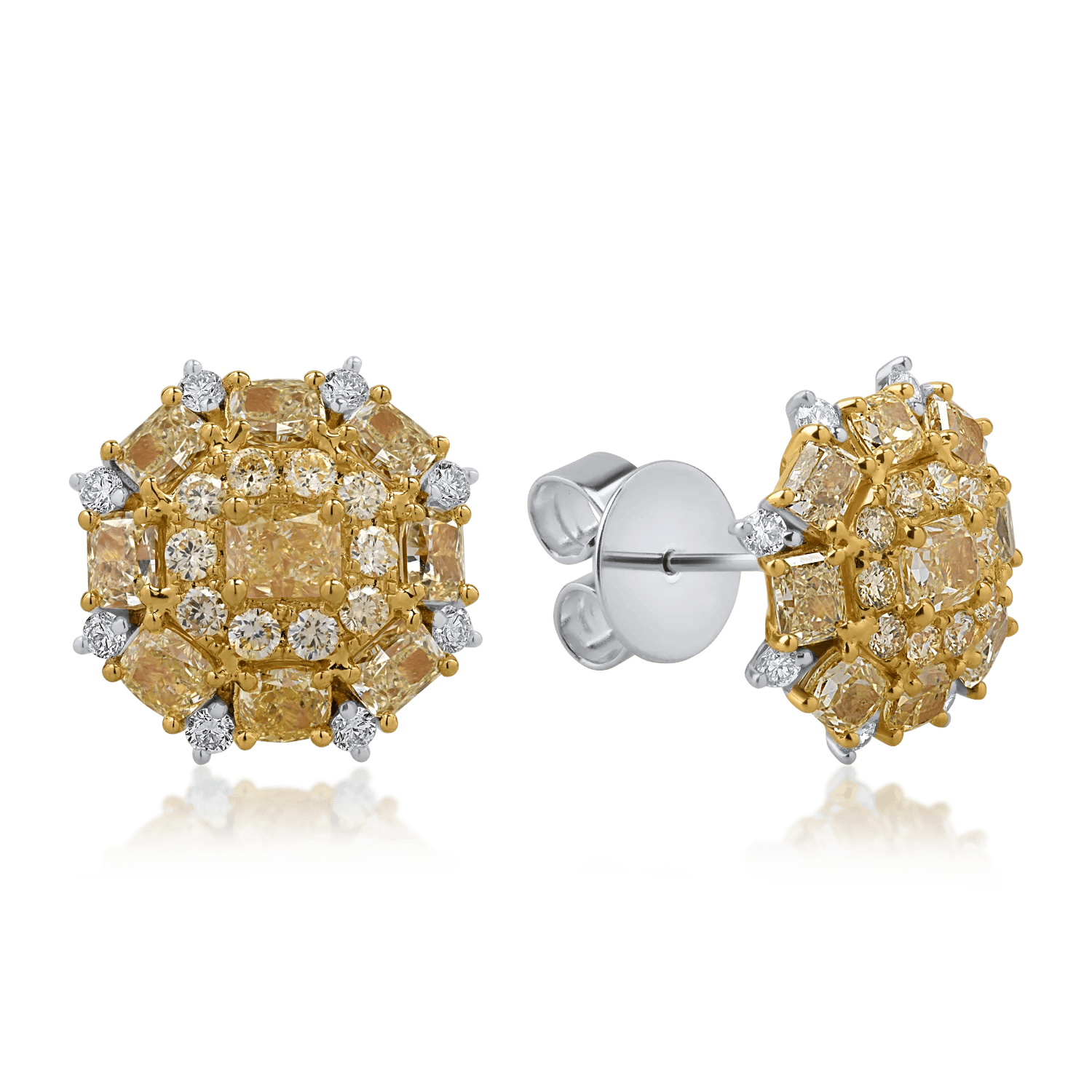Cercei din aur alb-galben cu diamante galbene cushion de 4ct și diamante incolore round de 0.34ct – Teilor Cercei din aur alb-galben cu diamante galbene cushion de 4ct și diamante incolore round de 0.34ct – Teilor
