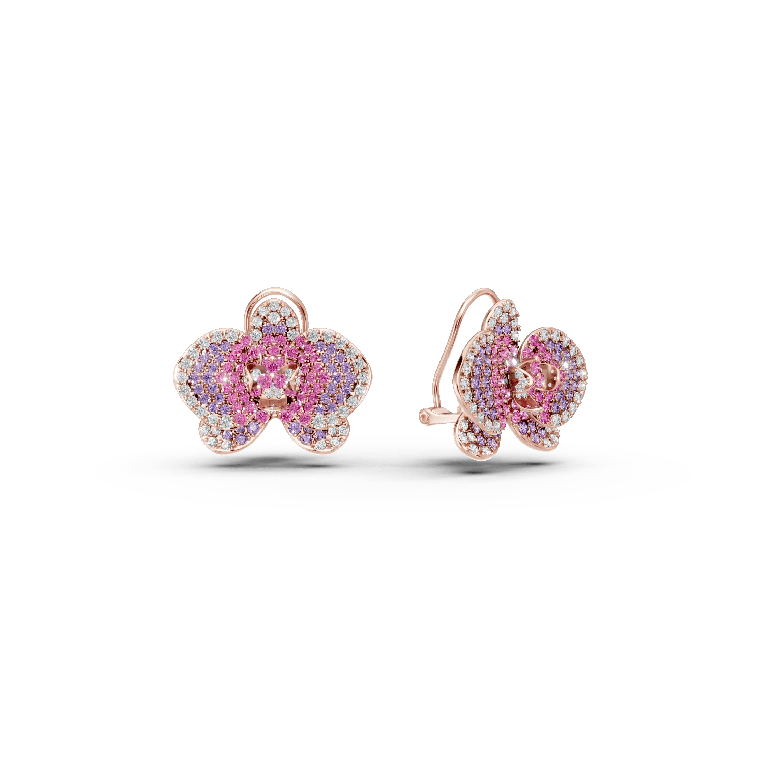 Cercei floare din aur roz cu safire roz 2.2ct și diamante 0.55ct Cercei floare din aur roz cu safire roz 2.2ct și diamante 0.55ct