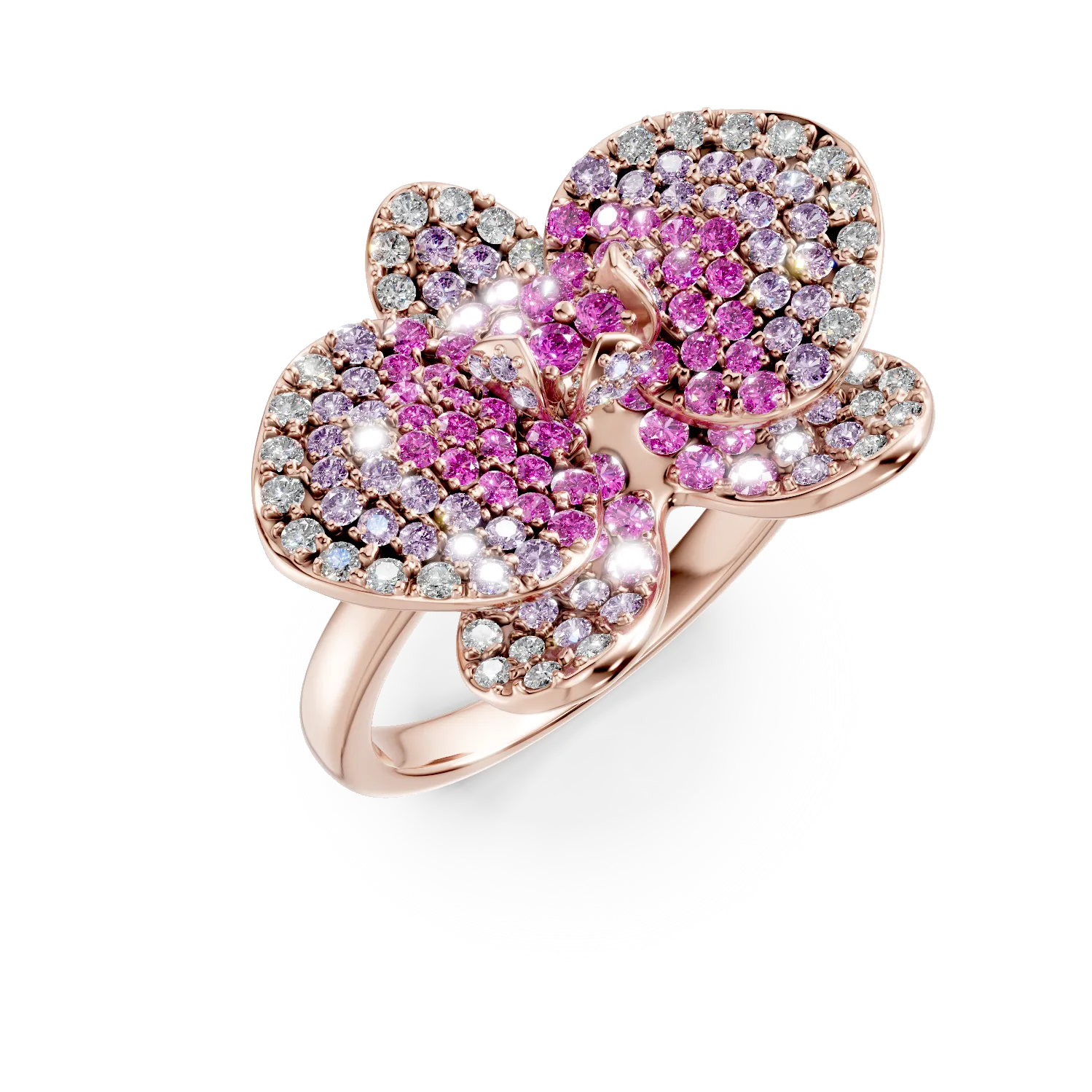 Inel floare din aur roz cu safire roz de 1.3ct și diamante de 0.39ct Inel floare din aur roz cu safire roz de 1.3ct și diamante de 0.39ct