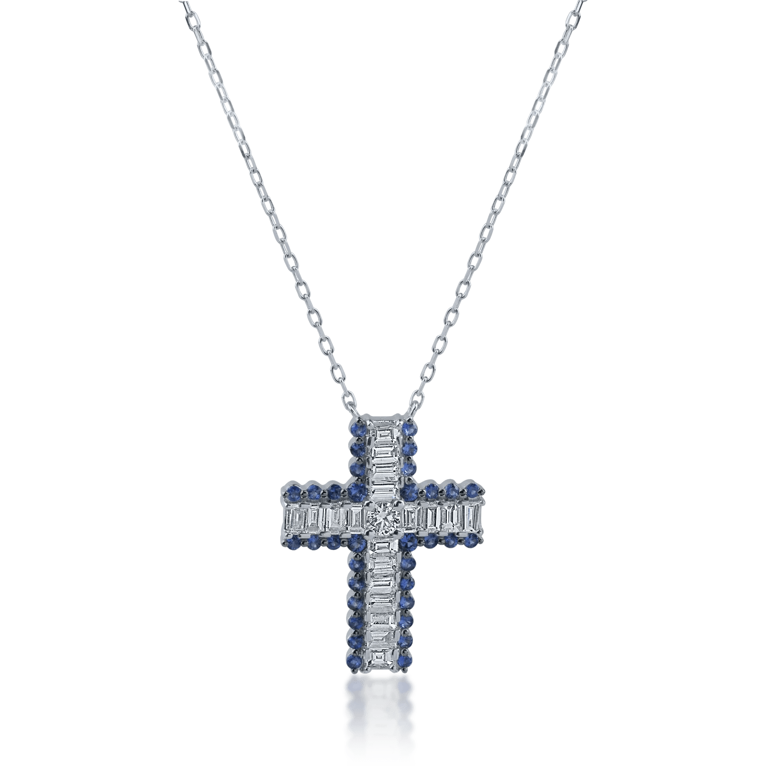 Lanț cu pandantiv cruce din aur alb cu diamante baguette și rotunde de 0.93ct și safire de 0.48ct Lanț cu pandantiv cruce din aur alb cu diamante baguette și rotunde de 0.93ct și safire de 0.48ct