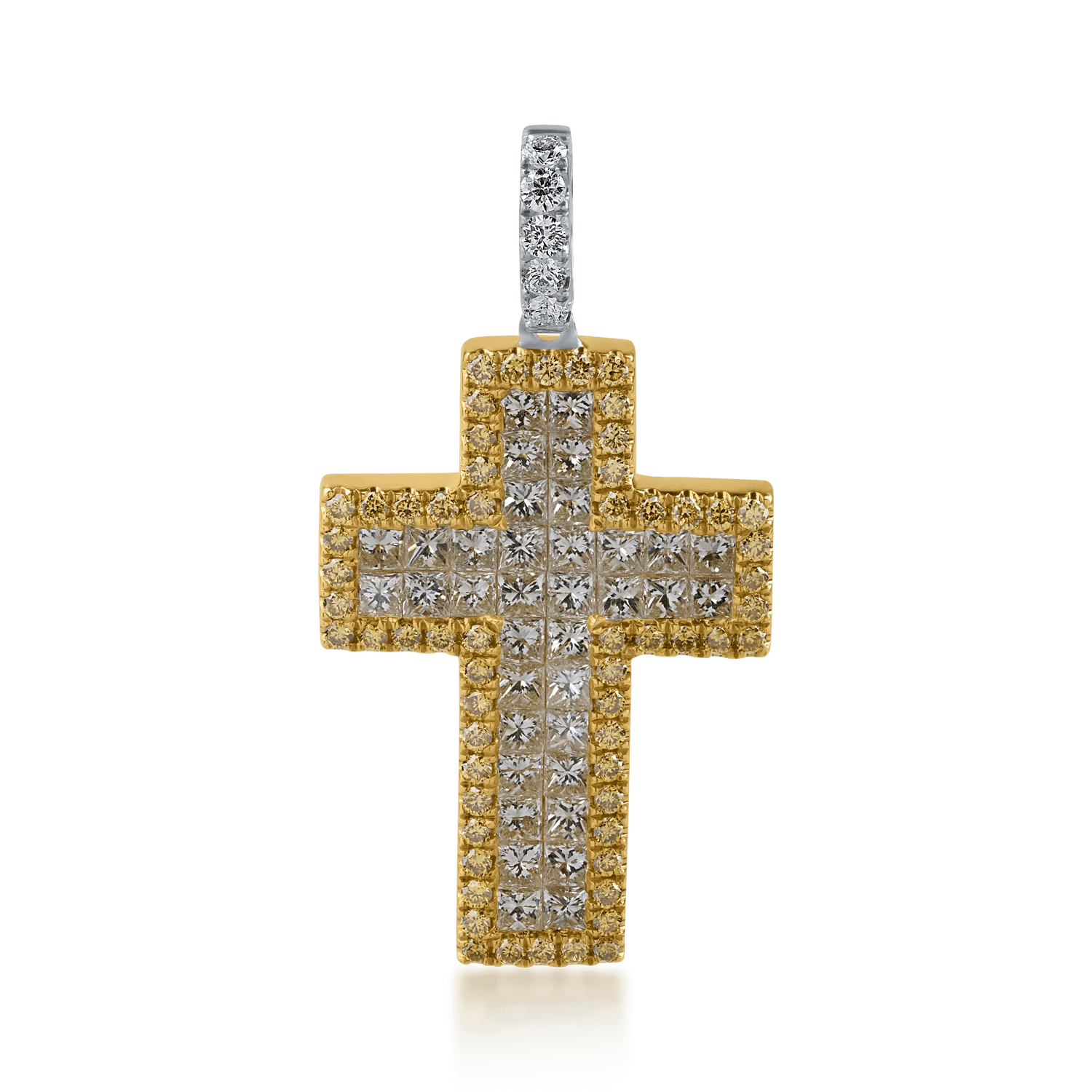 Pandantiv cruce din aur alb-galben cu diamante galbene 1.69ct și diamante incolore 0.1ct Pandantiv cruce din aur alb-galben cu diamante galbene 1.69ct și diamante incolore 0.1ct