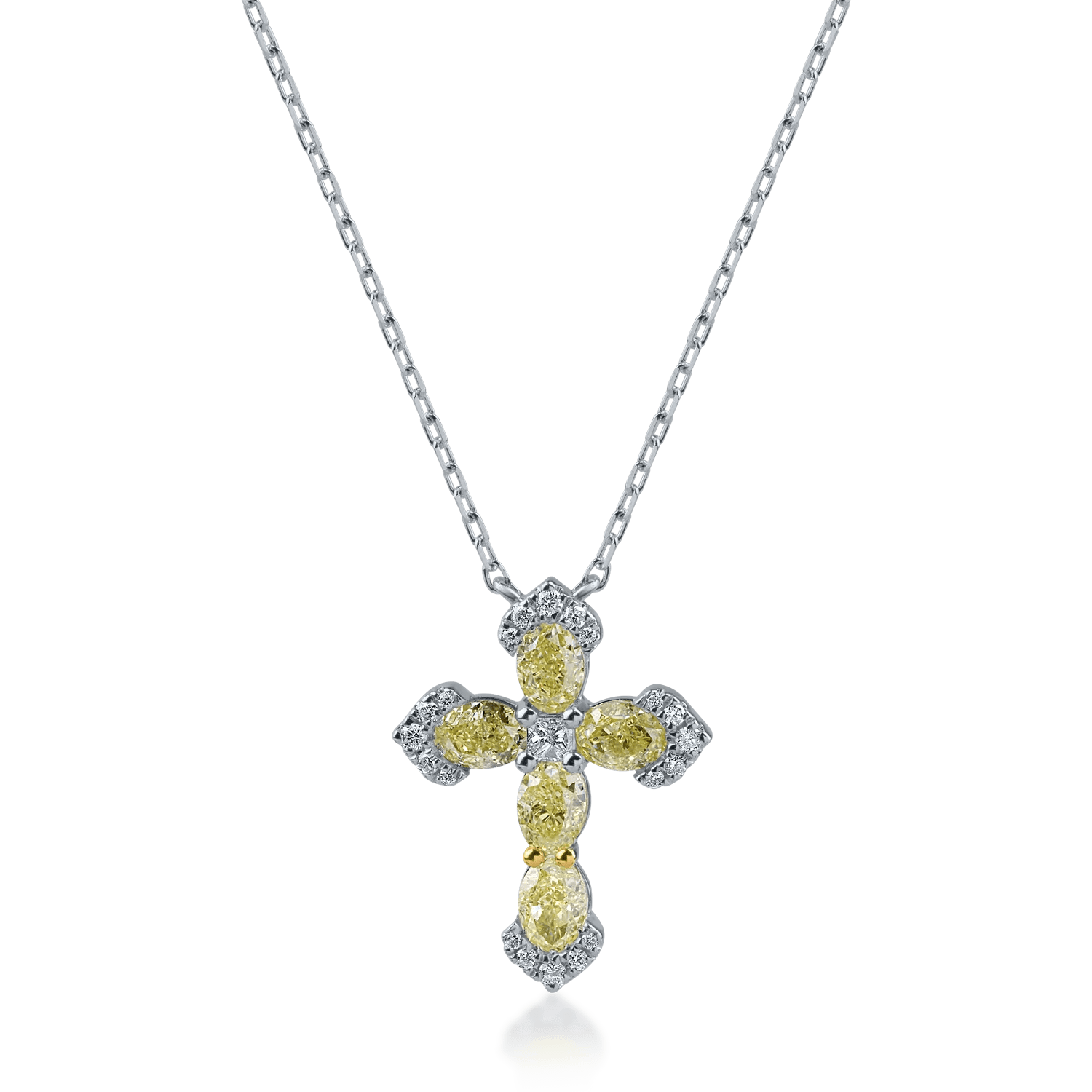 Lanţ cu pandantiv cruce din aur alb, cu diamante galbene ovale 1.25ct şi diamante incolore princess şi rotunde 0.13ct Lanţ cu pandantiv cruce din aur alb, cu diamante galbene ovale 1.25ct şi diamante incolore princess şi rotunde 0.13ct