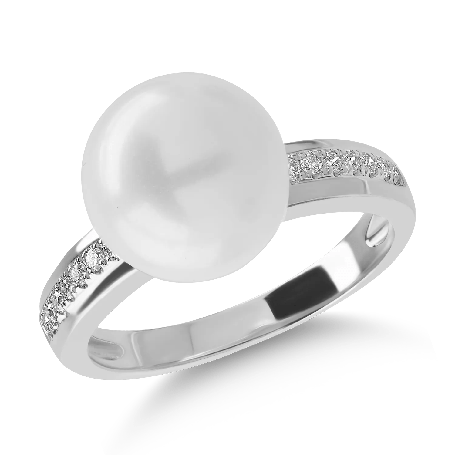 Inel din aur alb cu perlă de cultură de 7.5ct și diamante de 0.11ct Inel din aur alb cu perlă de cultură de 7.5ct și diamante de 0.11ct
