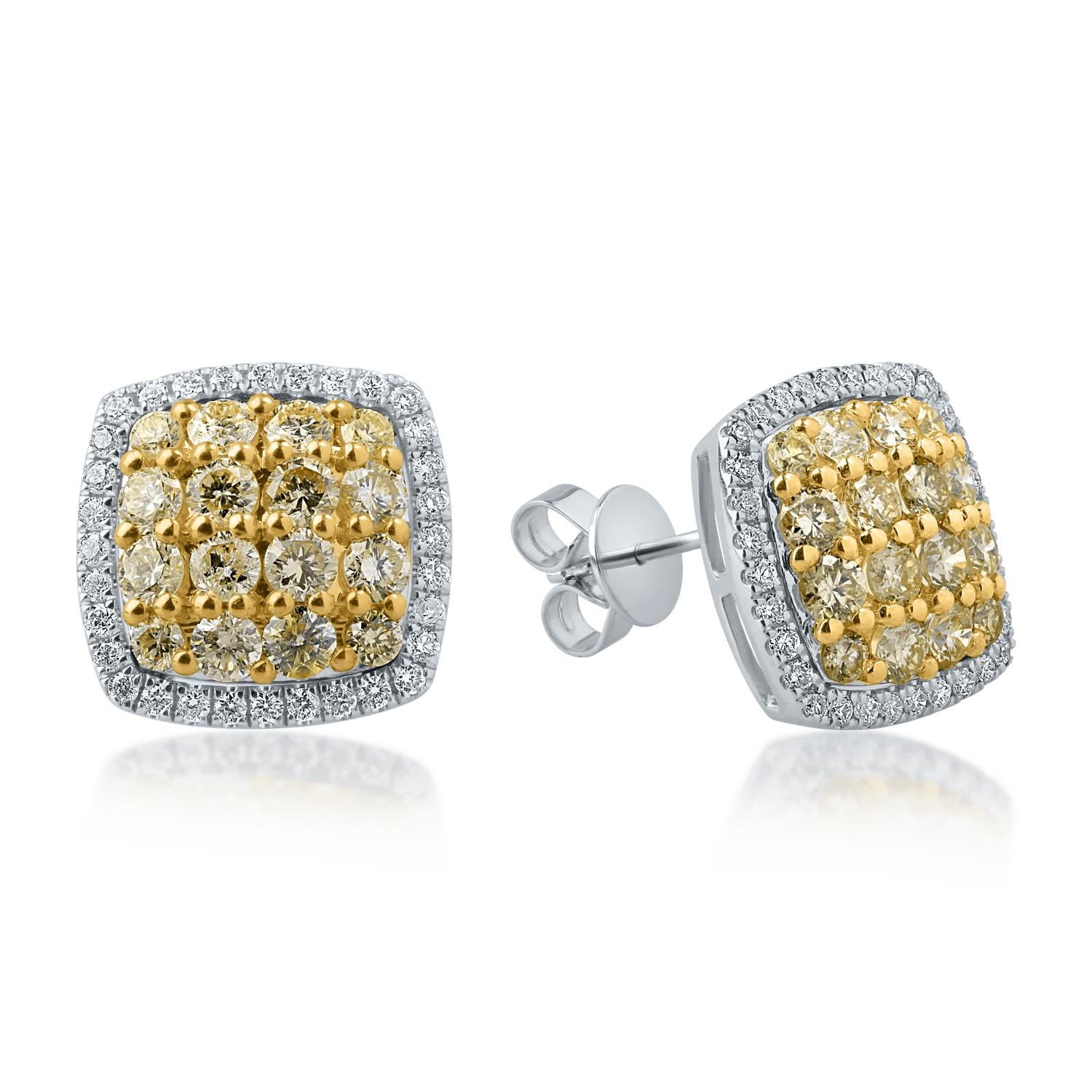 Cercei din aur alb-galben cu diamante galbene de 0.99ct și diamante transparente de 0.24ct Cercei din aur alb-galben cu diamante galbene de 0.99ct și diamante transparente de 0.24ct