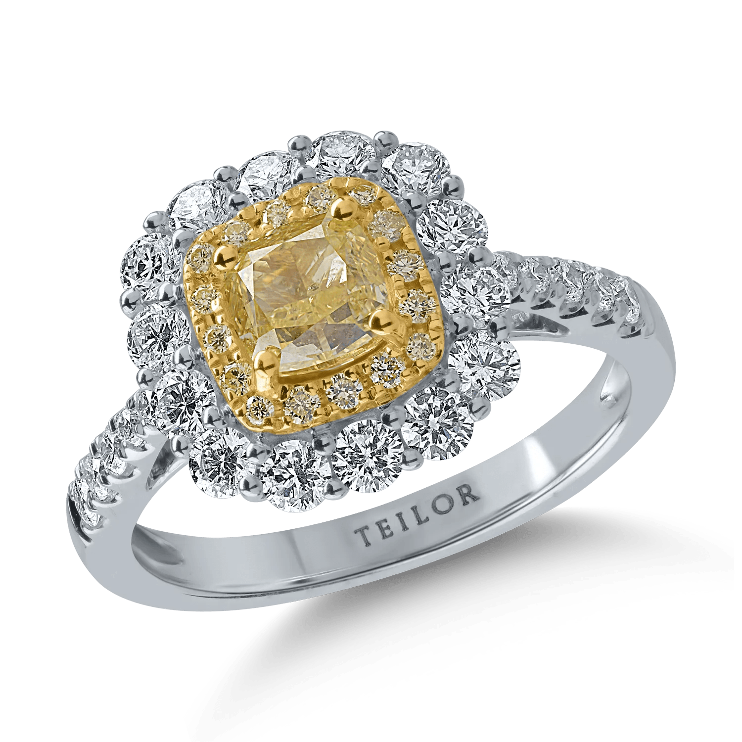 Inel din aur alb-galben cu diamante galbene 1.12ct și transparente 0.88ct Inel din aur alb-galben cu diamante galbene 1.12ct și transparente 0.88ct