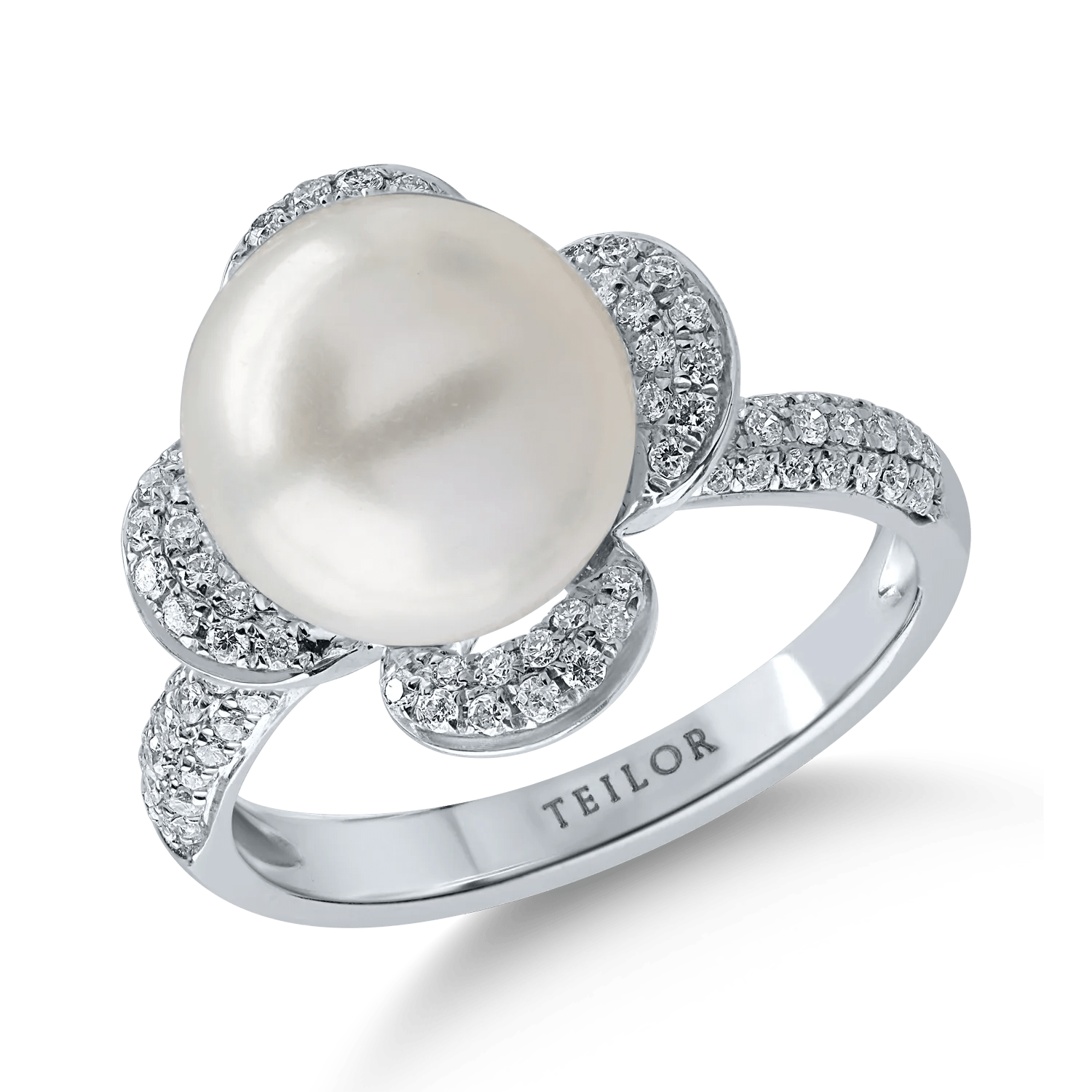 Inel din aur alb cu perlă de cultură de 8.5ct și diamante de 0.4ct Inel din aur alb cu perlă de cultură de 8.5ct și diamante de 0.4ct
