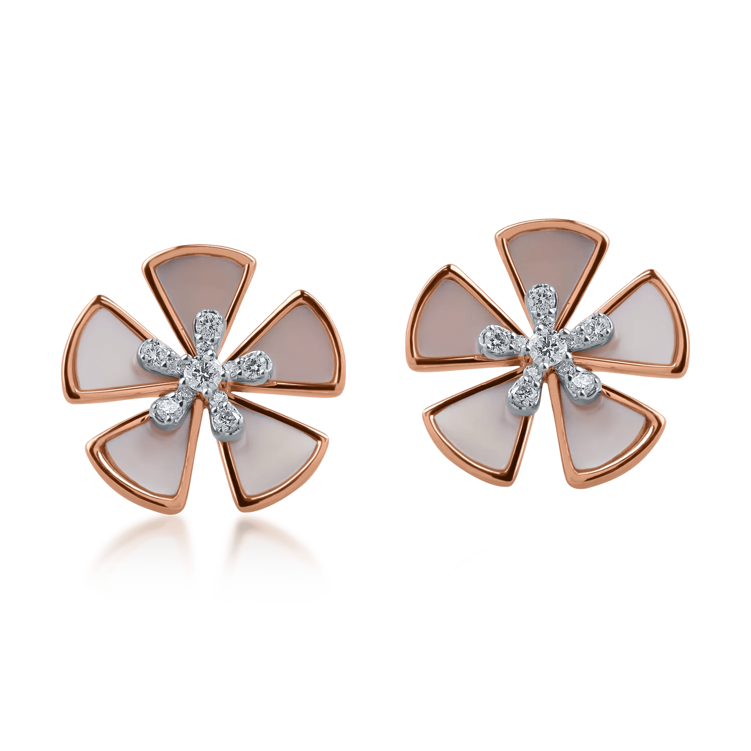 Cercei floare din aur roz cu sidef triangle de 2.89ct şi diamante de 0.282ct – Teilor Cercei floare din aur roz cu sidef triangle de 2.89ct şi diamante de 0.282ct – Teilor