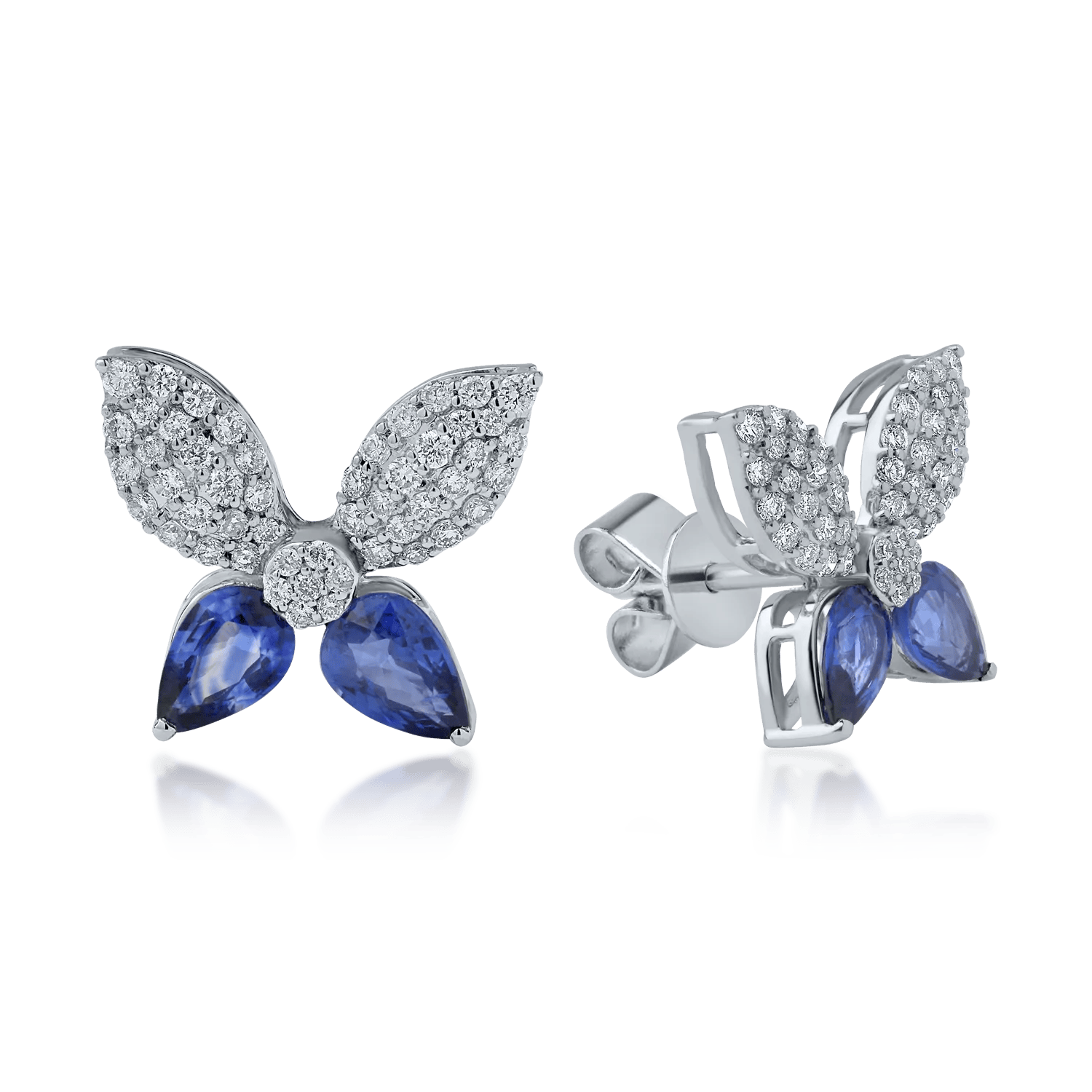Cercei floare din aur alb cu safire pear de 1.86ct și diamante de 0.6ct – Teilor Cercei floare din aur alb cu safire pear de 1.86ct și diamante de 0.6ct – Teilor