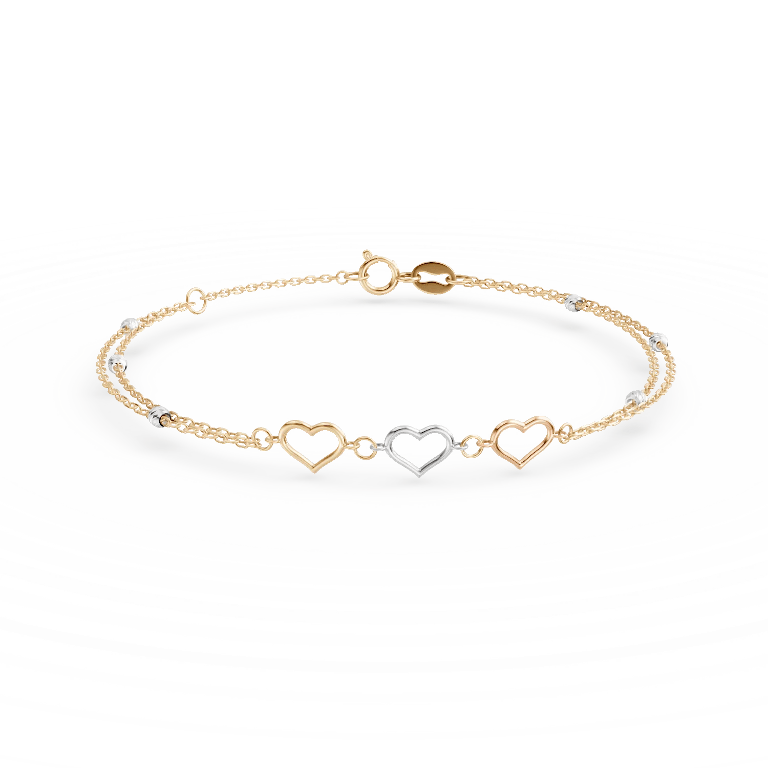 Brățară cu inimioare din aur alb, roz și galben Brățară cu inimioare din aur alb, roz și galben