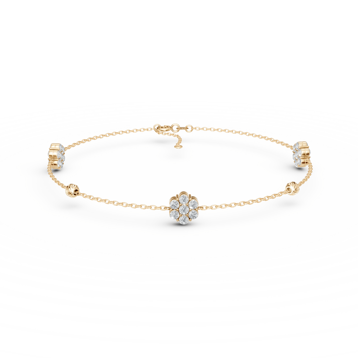 Brățară din aur galben cu biluțe și pandantive floare Brățară din aur galben cu biluțe și pandantive floare