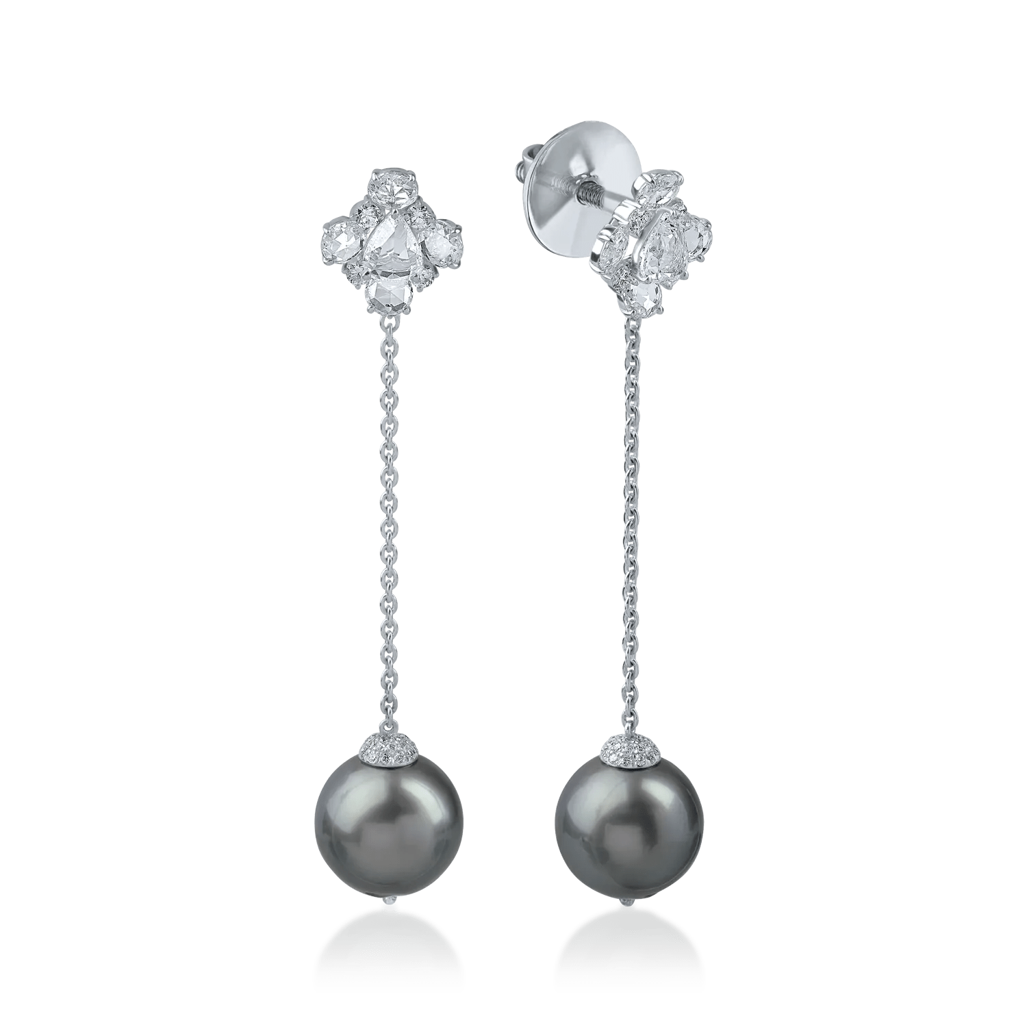 Cercei lungi din aur alb cu perle de cultură 19.2ct și diamante 1.8ct Cercei lungi din aur alb cu perle de cultură 19.2ct și diamante 1.8ct