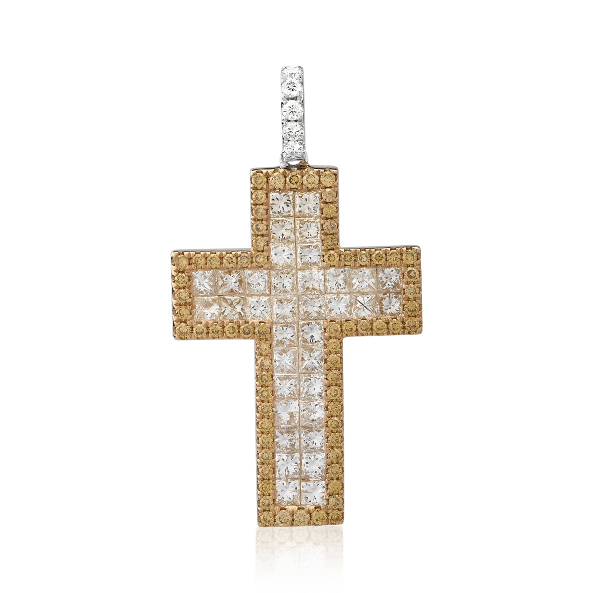 Pandantiv cruce din aur alb-galben cu diamante galbene de 0.5ct și diamante incolore de 2.3ct Pandantiv cruce din aur alb-galben cu diamante galbene de 0.5ct și diamante incolore de 2.3ct