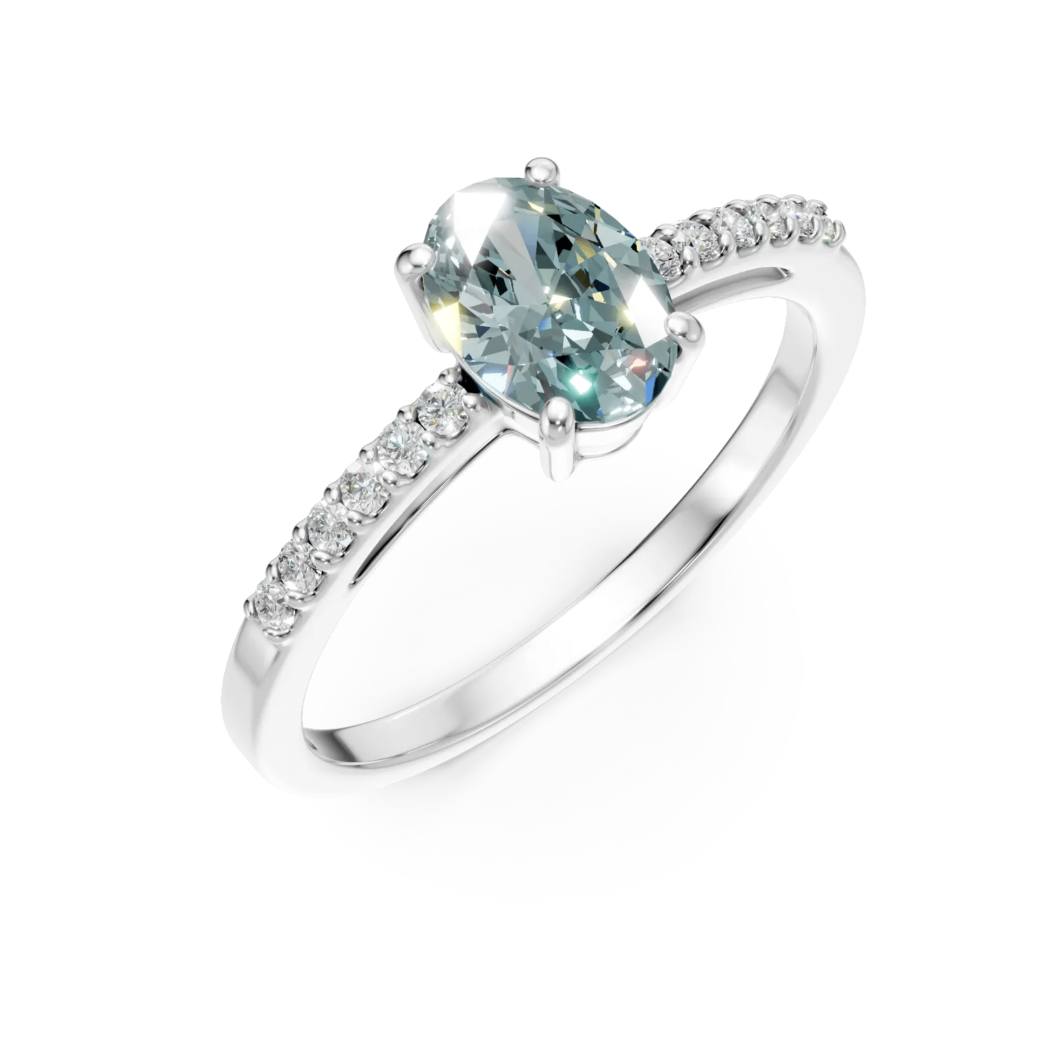 Inel din aur alb cu acvamarin oval de 0.6ct și diamante de 0.09ct Inel din aur alb cu acvamarin oval de 0.6ct și diamante de 0.09ct