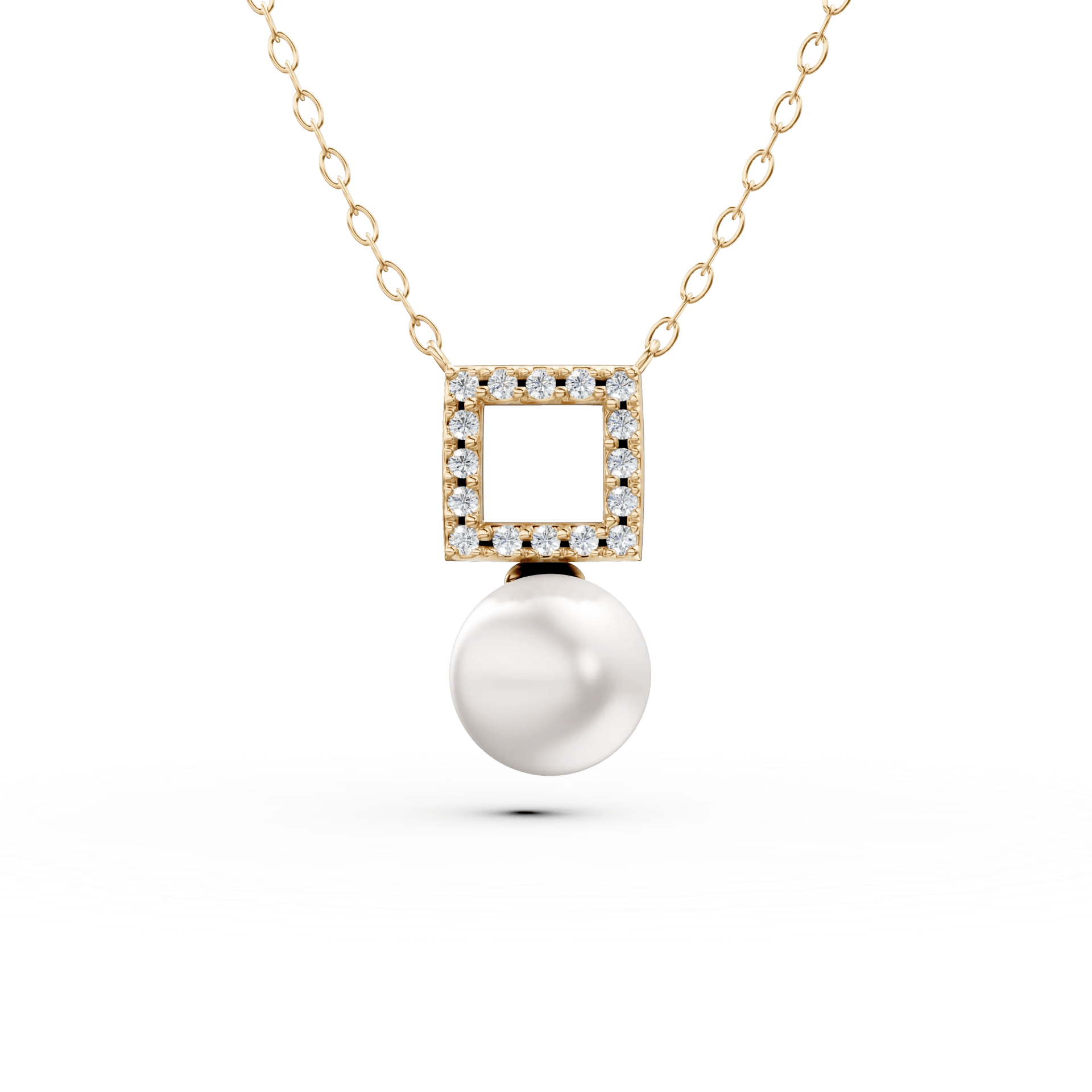 Lanț cu pandantiv geometric din aur galben, zirconii și perlă sintetică Lanț cu pandantiv geometric din aur galben, zirconii și perlă sintetică