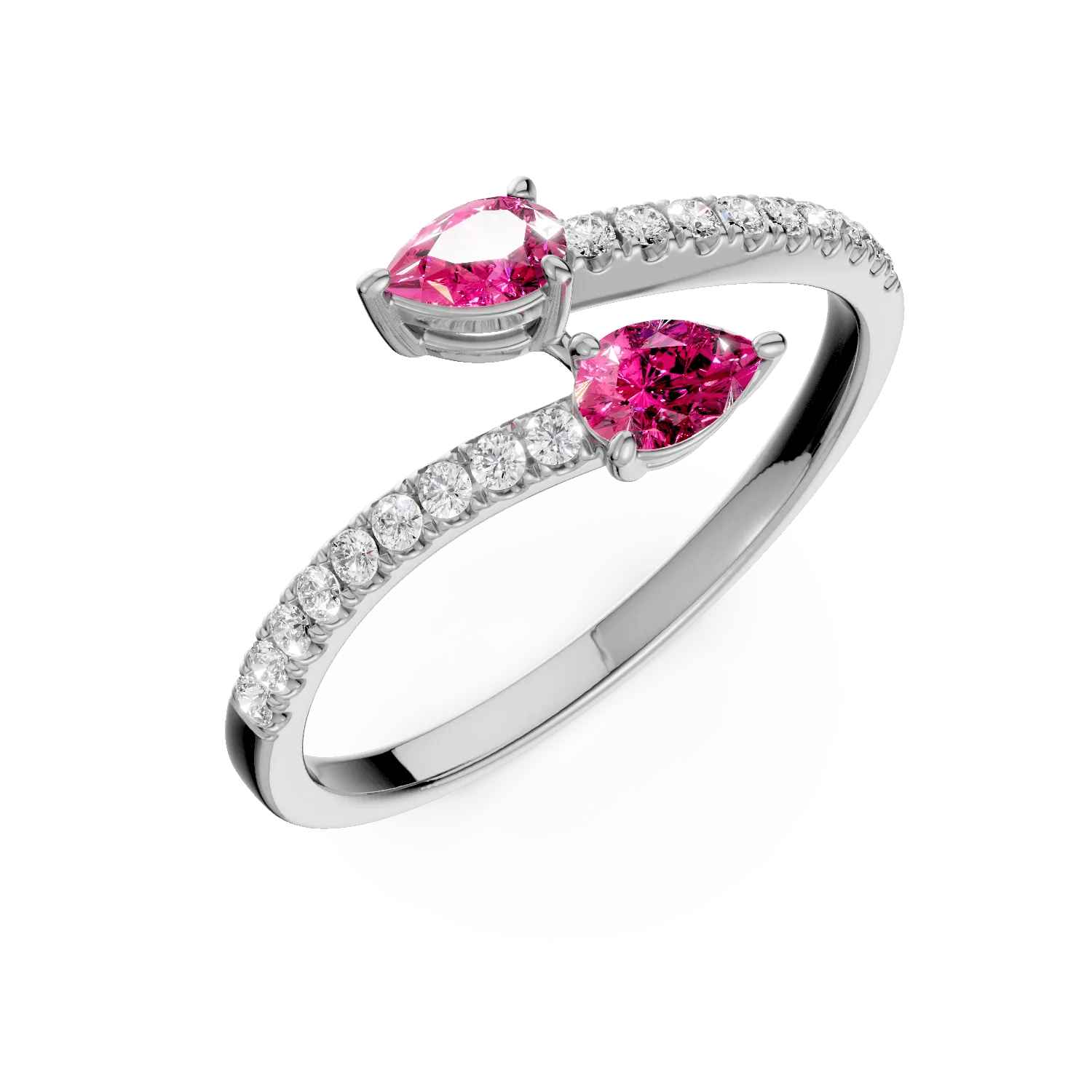Inel deschis din aur alb cu rubine pear de 0.3ct și diamante de 0.1ct Inel deschis din aur alb cu rubine pear de 0.3ct și diamante de 0.1ct