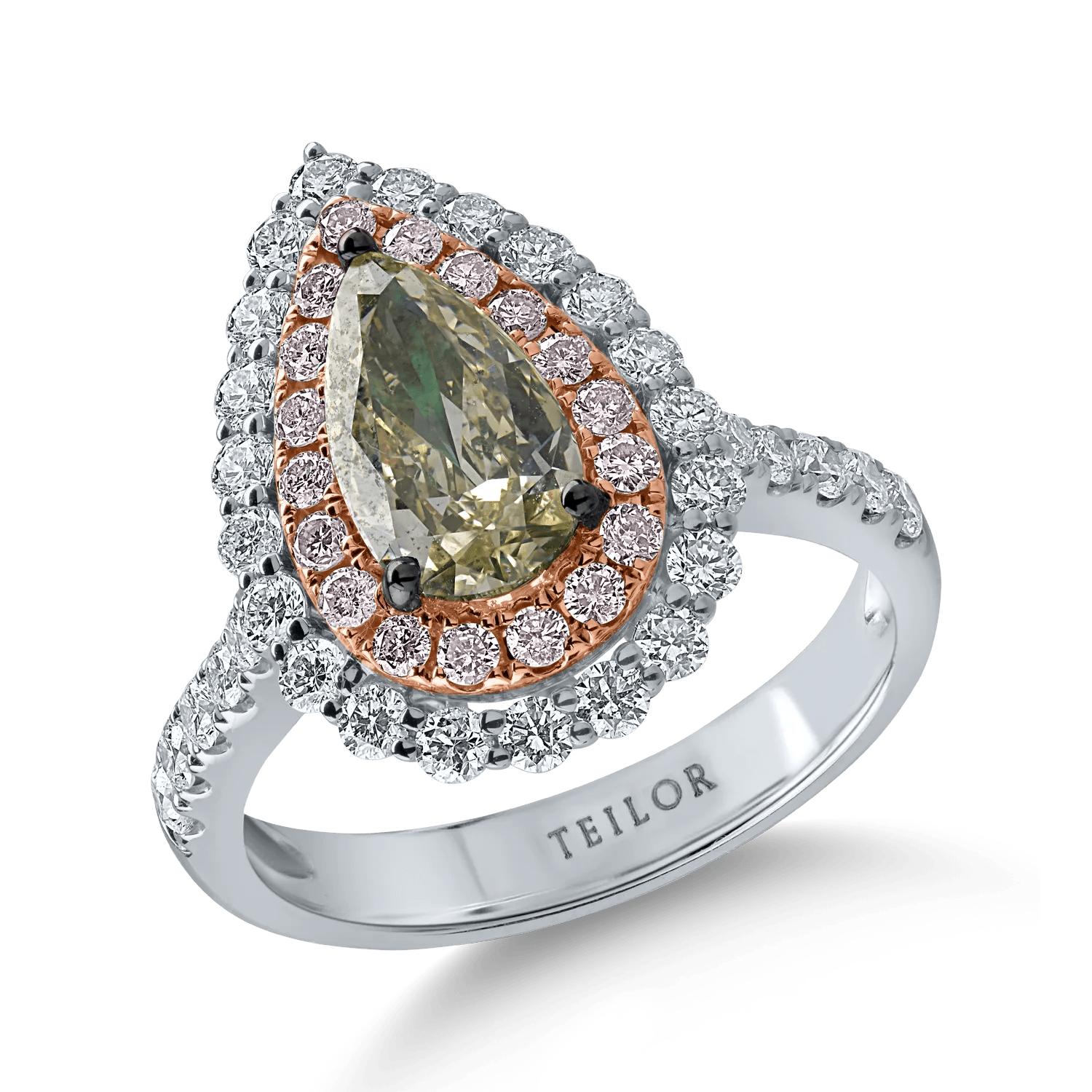 Inel din aur alb-roz cu diamant verde pear de 1.27ct și halo de diamante incolore și roz de 1.12ct Inel din aur alb-roz cu diamant verde pear de 1.27ct și halo de diamante incolore și roz de 1.12ct