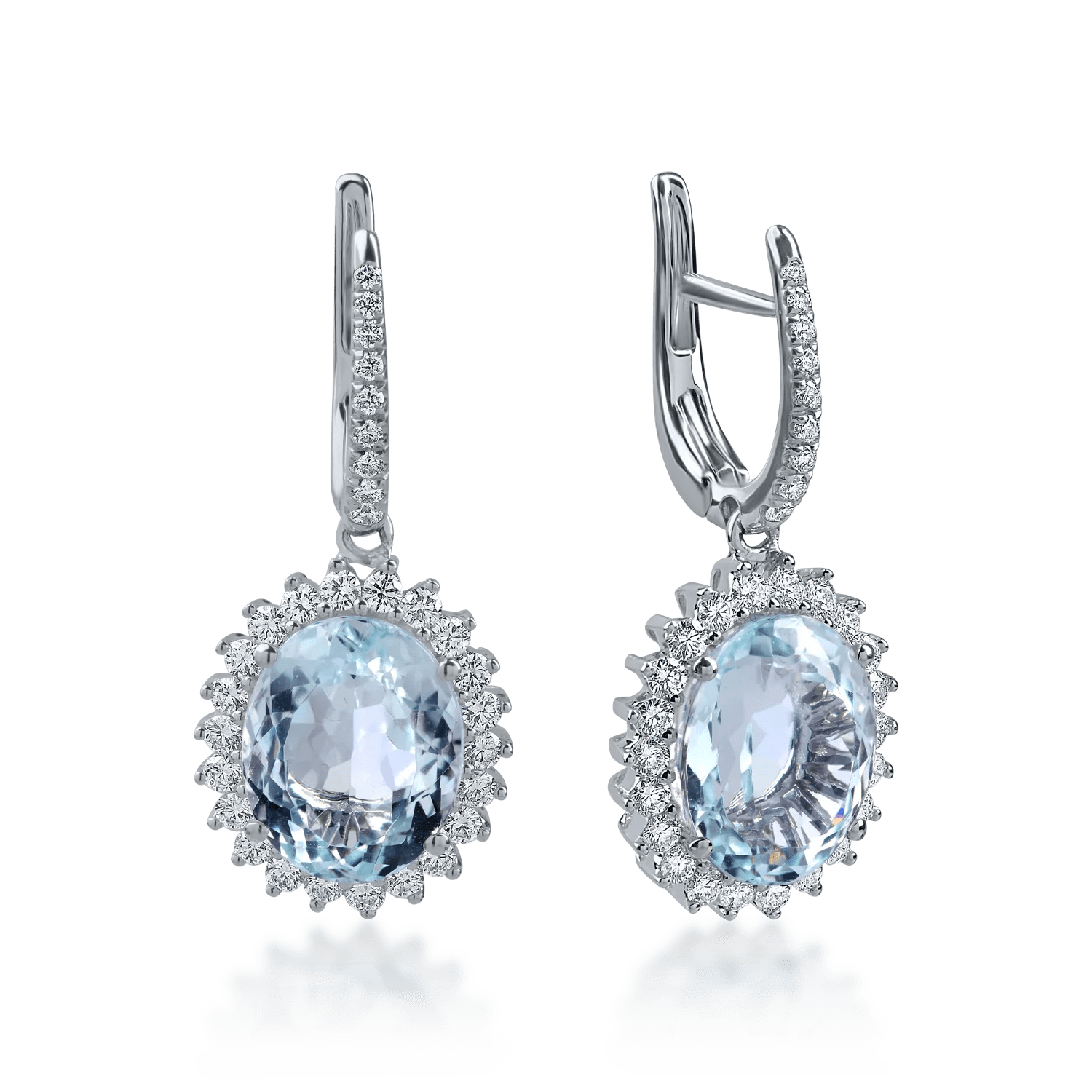 Cercei din aur alb cu acvamarine ovale de 7.62ct și diamante de 0.94ct Cercei din aur alb cu acvamarine ovale de 7.62ct și diamante de 0.94ct