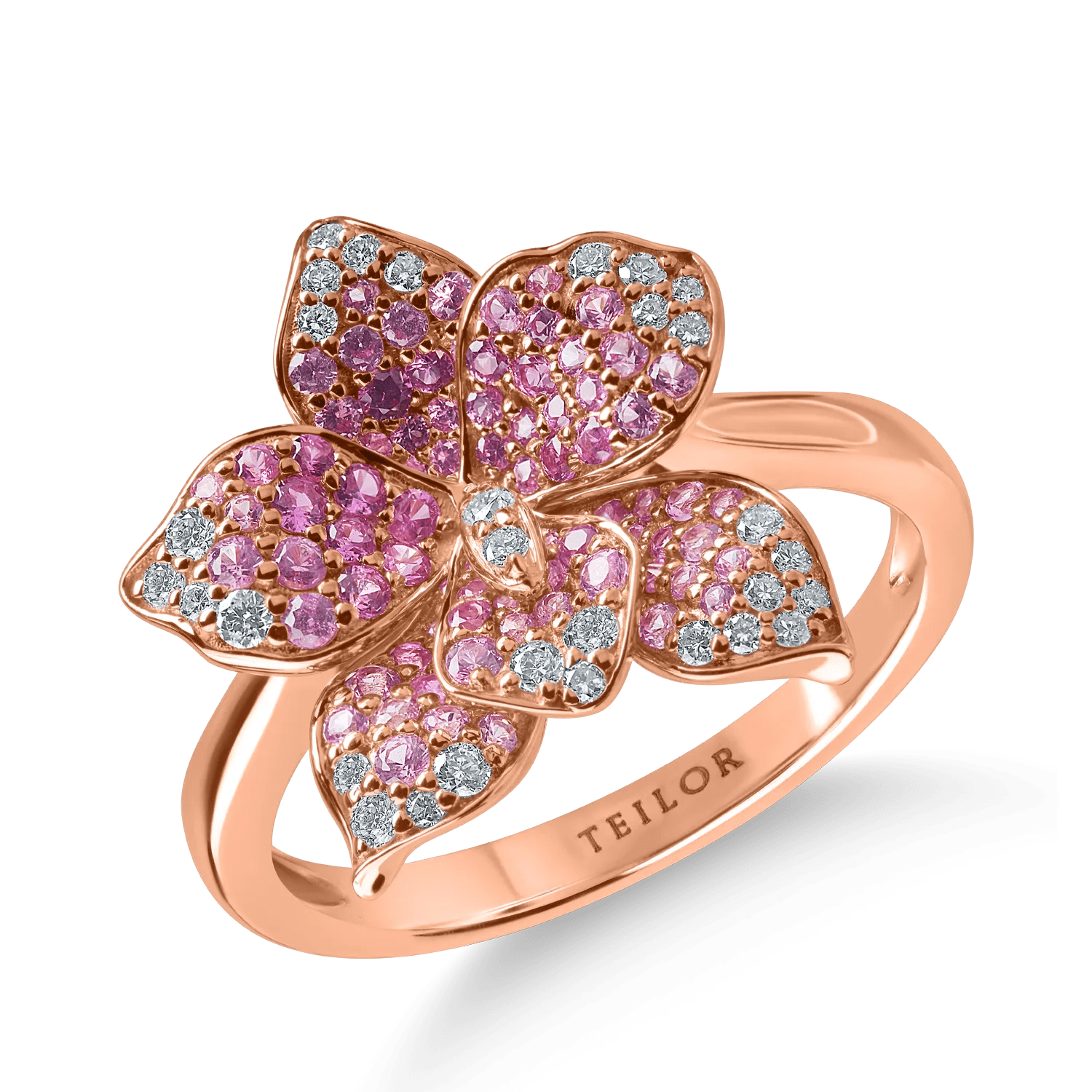 Inel floral din aur roz cu safire roz de 0.65ct și diamante de 0.16ct Inel floral din aur roz cu safire roz de 0.65ct și diamante de 0.16ct