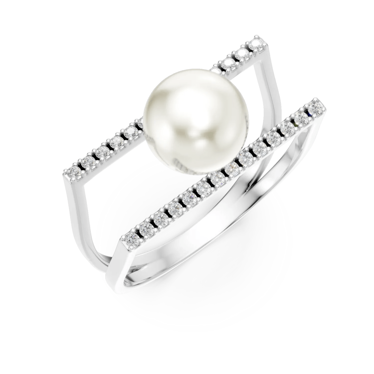 Inel dublu din aur alb cu perlă sintetică și zirconii Inel dublu din aur alb cu perlă sintetică și zirconii