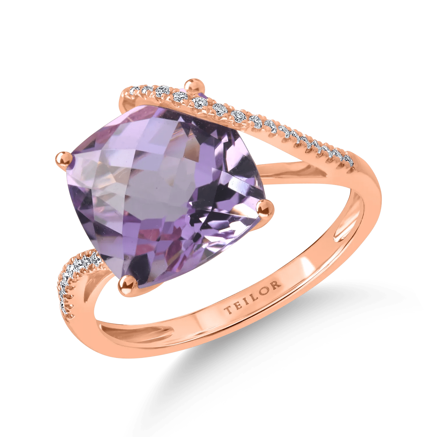 Inel din aur roz cu ametist de 4.6ct și diamante de 0.13ct Inel din aur roz cu ametist de 4.6ct și diamante de 0.13ct