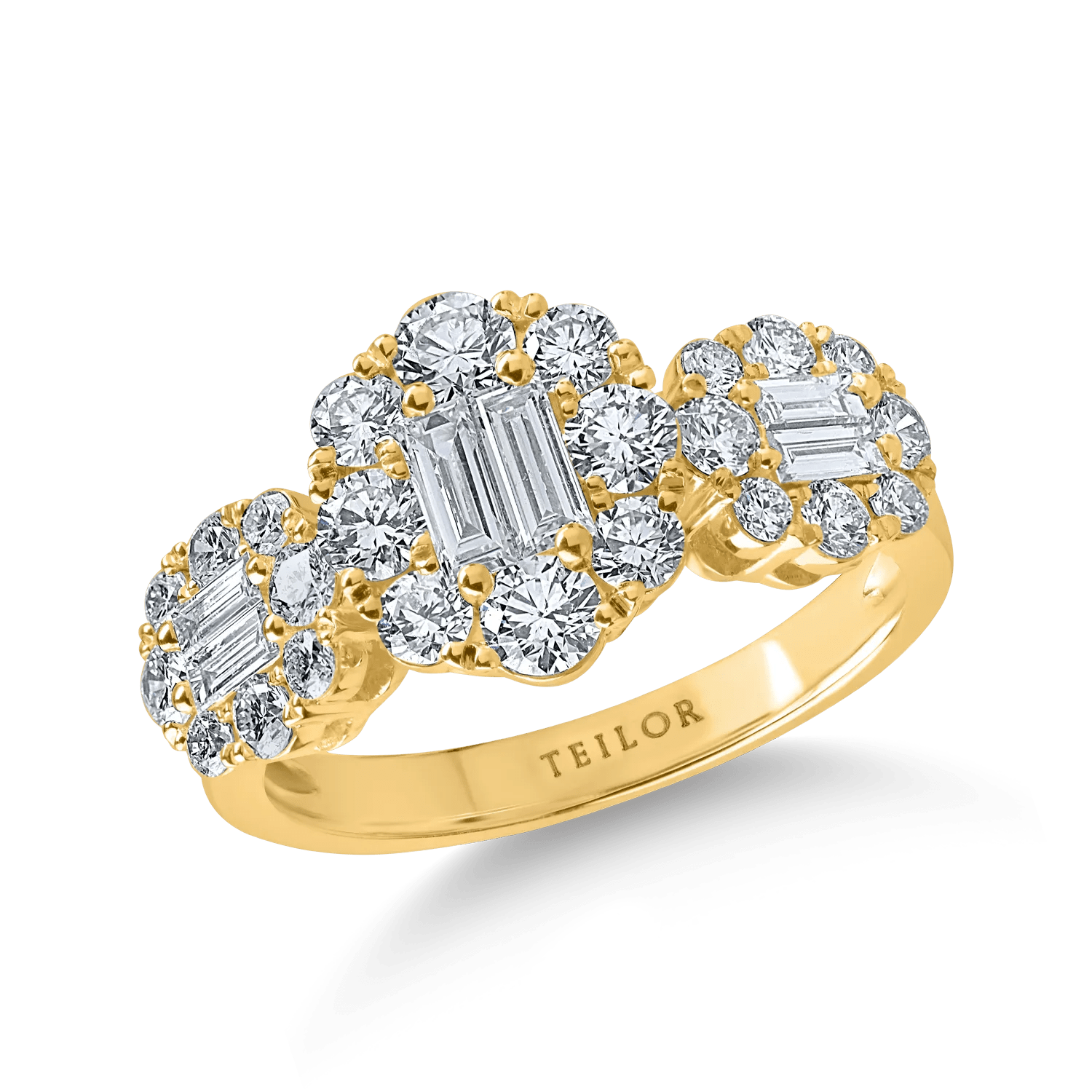 Inel din aur galben cu diamante baguette și rotunde de 1.4ct Inel din aur galben cu diamante baguette și rotunde de 1.4ct