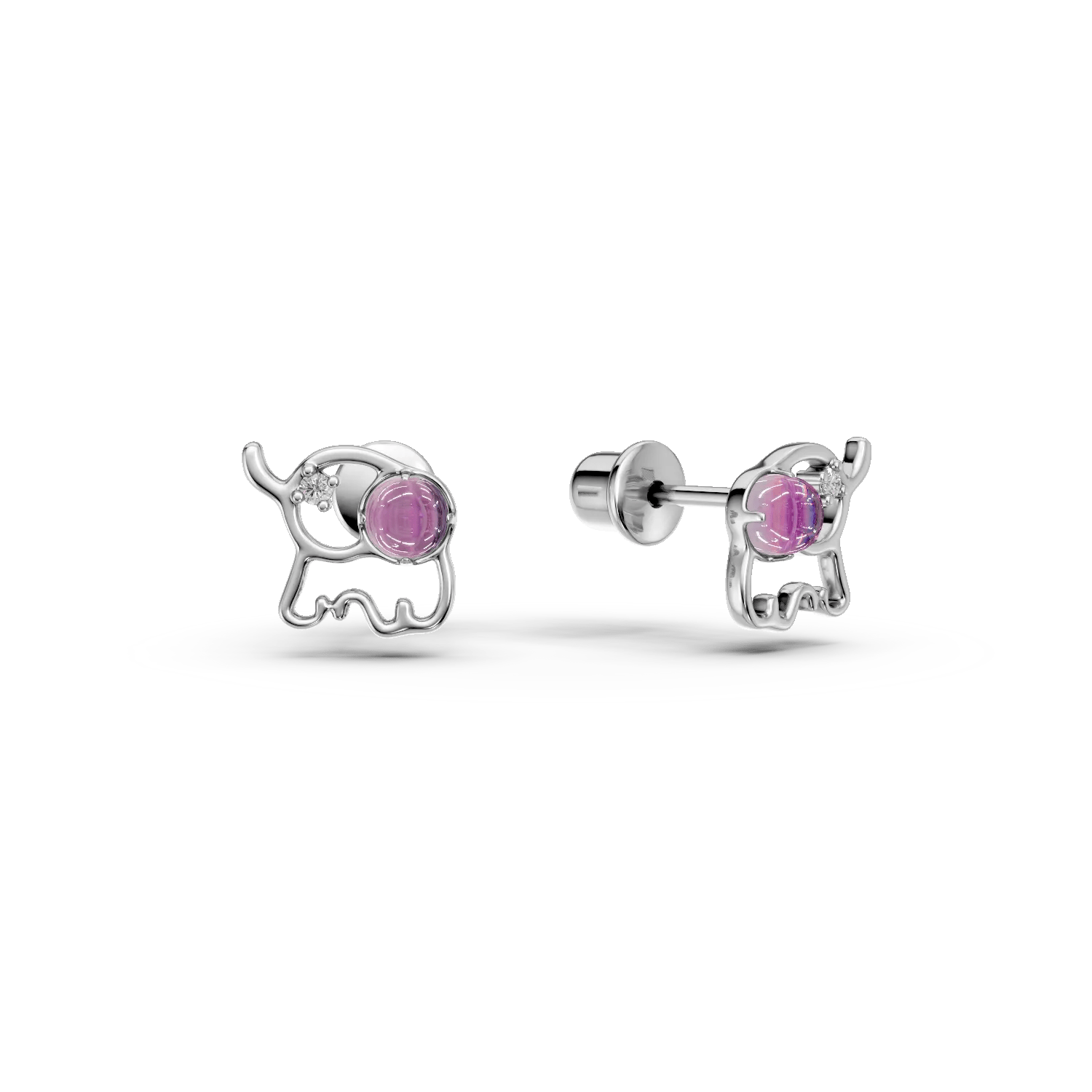 Cercei elefant din aur alb cu ametiste de 0.09ct și diamante de 0.008ct pentru copii Cercei elefant din aur alb cu ametiste de 0.09ct și diamante de 0.008ct pentru copii
