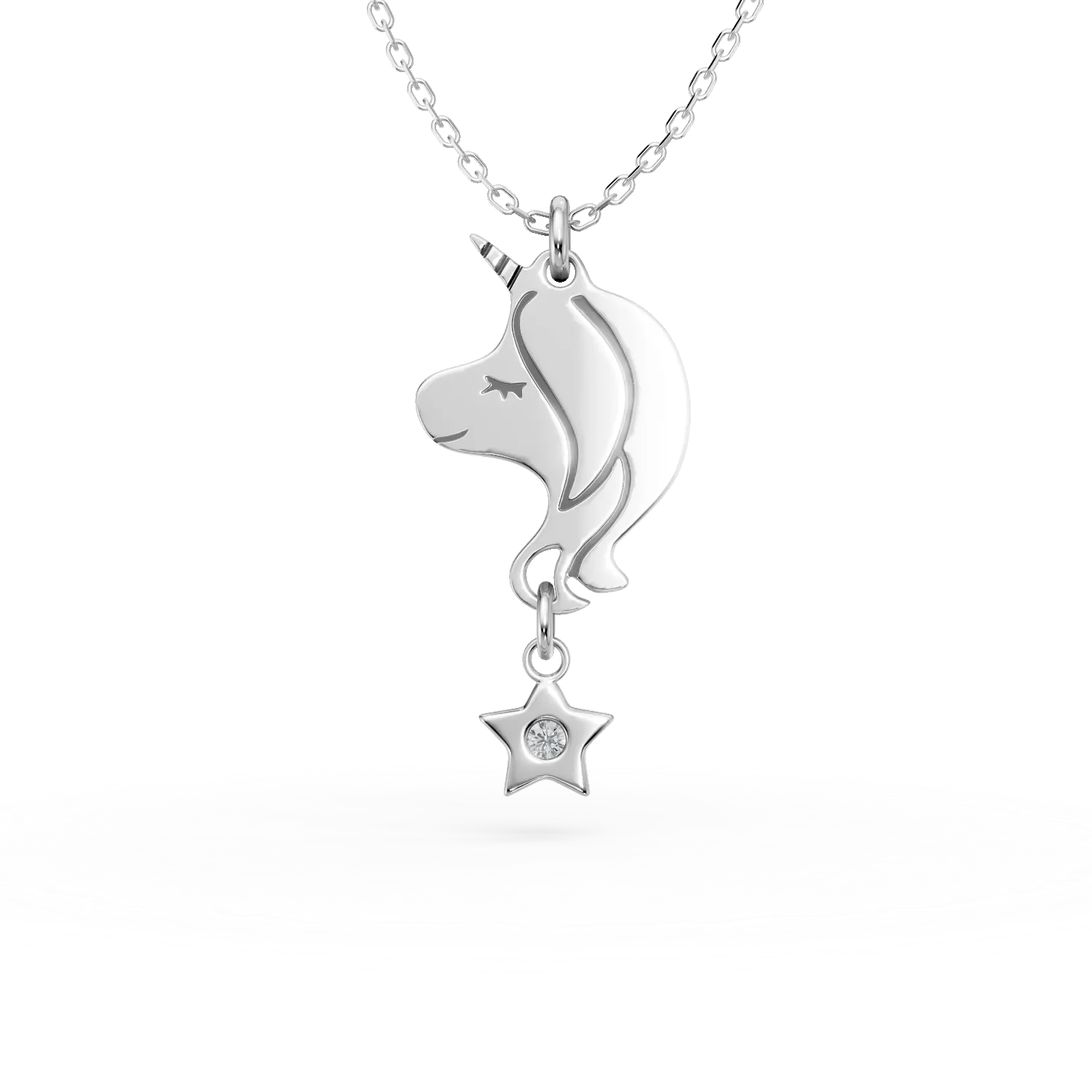 Lanț cu pandantiv unicorn din aur alb și diamant de 0.01ct pentru copii Lanț cu pandantiv unicorn din aur alb și diamant de 0.01ct pentru copii