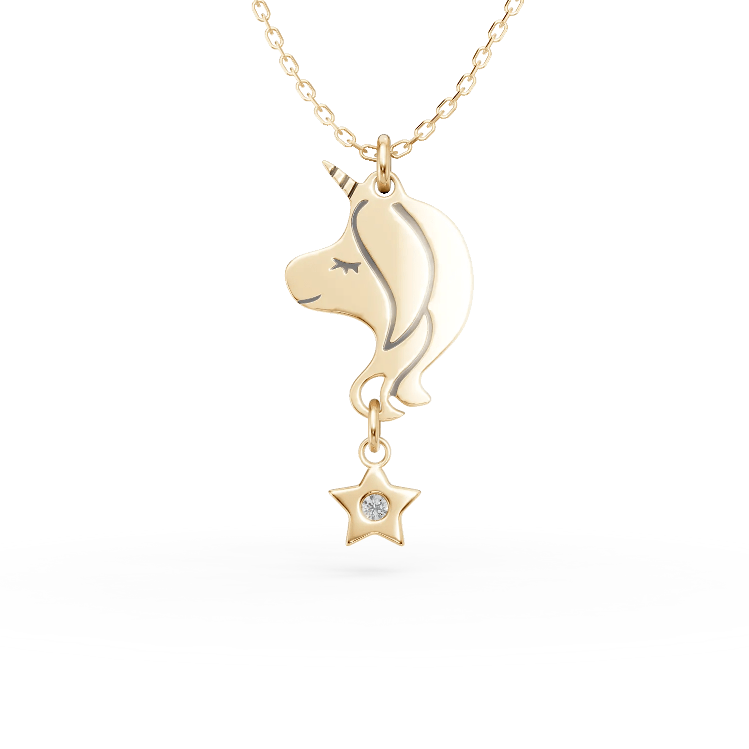 Lanț cu pandantiv unicorn din aur galben cu diamant de 0.01ct pentru copii Lanț cu pandantiv unicorn din aur galben cu diamant de 0.01ct pentru copii