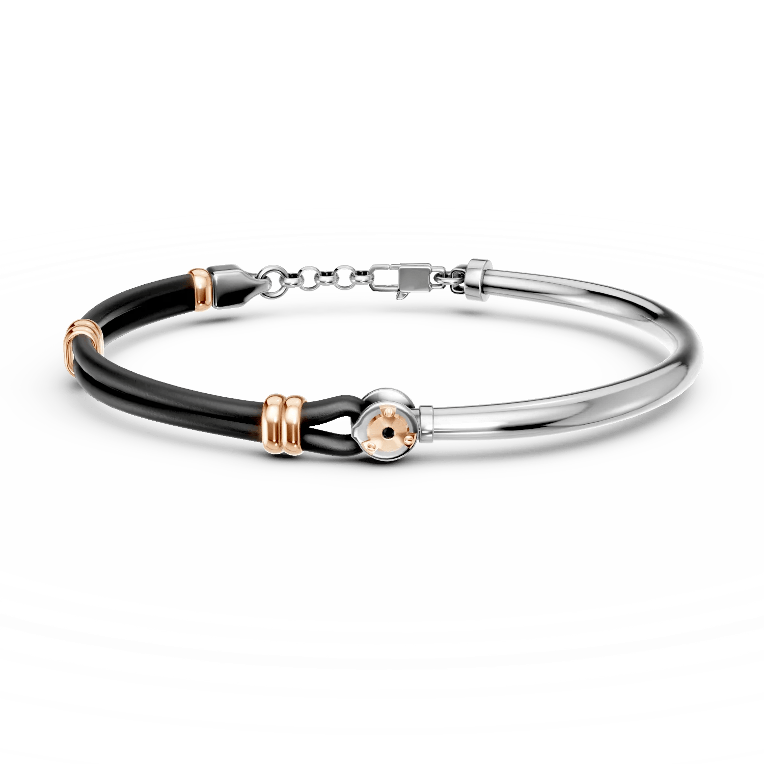 Brățară din oțel alb-roz și piele cu diamant negru de 0.002ct pentru bărbați Brățară din oțel alb-roz și piele cu diamant negru de 0.002ct pentru bărbați