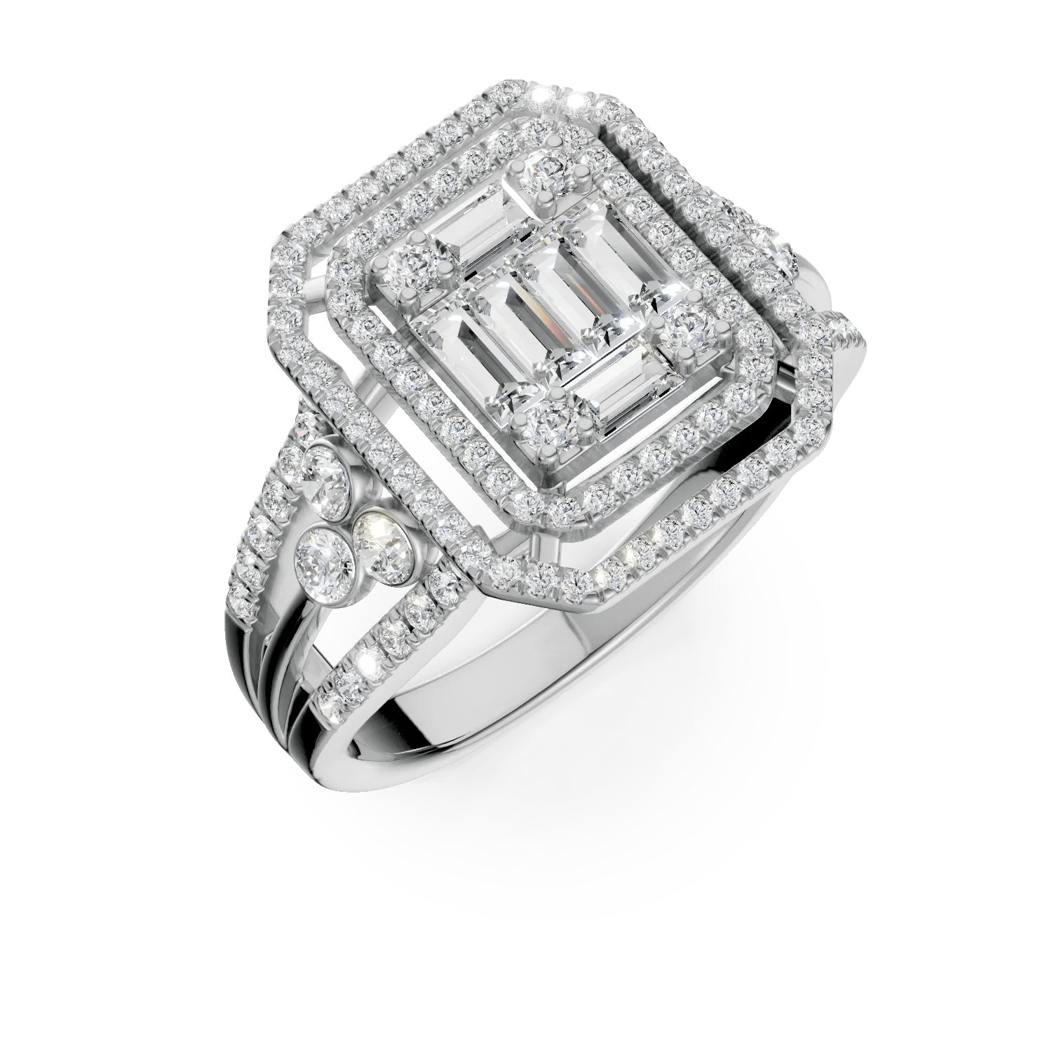 Inel geometric din aur alb cu diamante baguette și rotunde 0.7ct Inel geometric din aur alb cu diamante baguette și rotunde 0.7ct