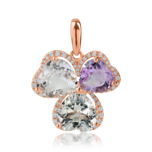 Pandantiv trifoi din aur roz cu ametiste heart de 6.2ct și diamante de 0.2ct Pandantiv trifoi din aur roz cu ametiste heart de 6.2ct și diamante de 0.2ct