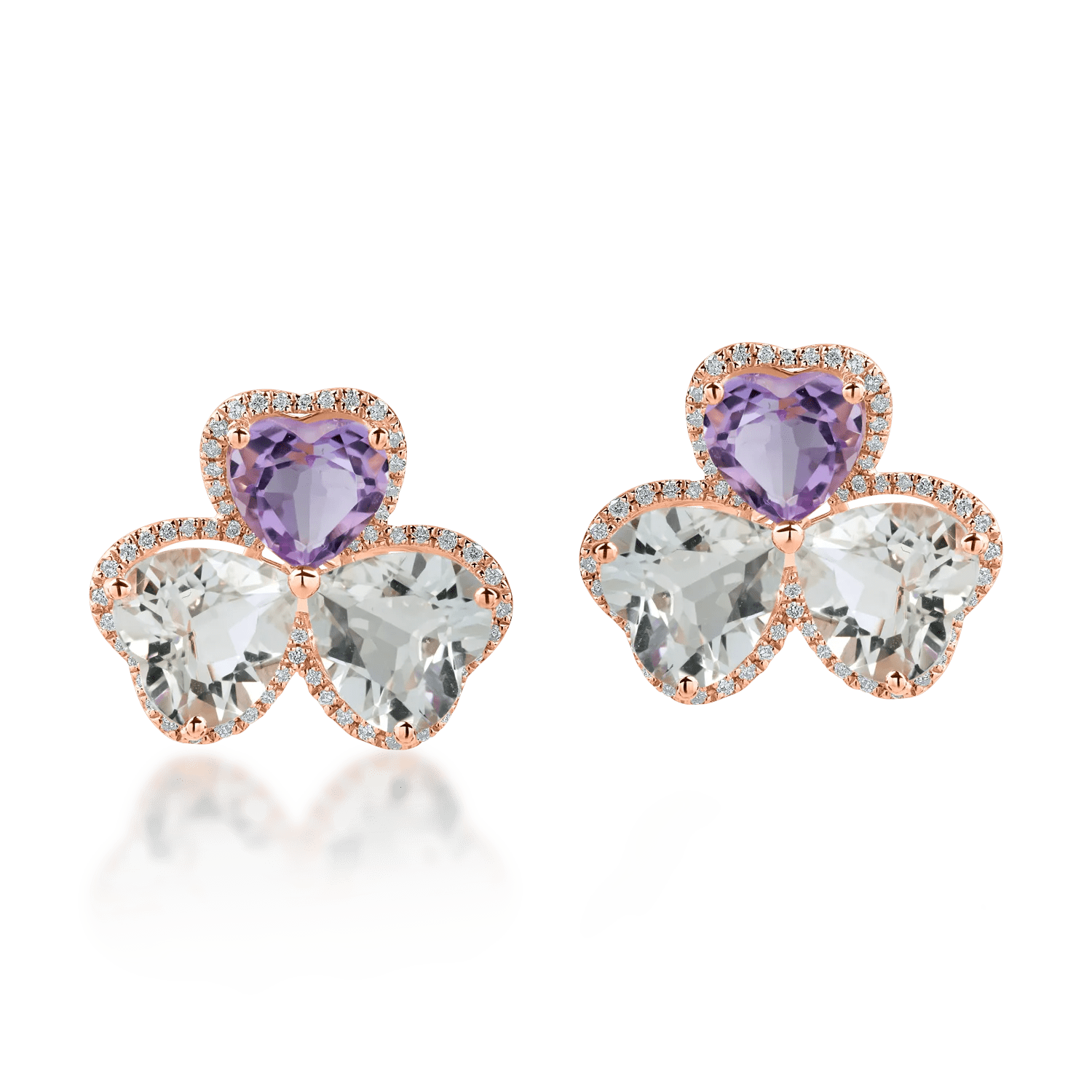Cercei trifoi din aur roz cu ametiste heart de 8.5ct și diamante de 0.3ct Cercei trifoi din aur roz cu ametiste heart de 8.5ct și diamante de 0.3ct